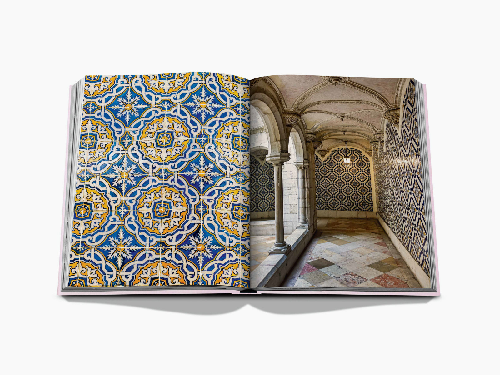 Lisboa Luz spread featuring blue and white azulejo tiles on left and a stone arcade with tiled walls on the right