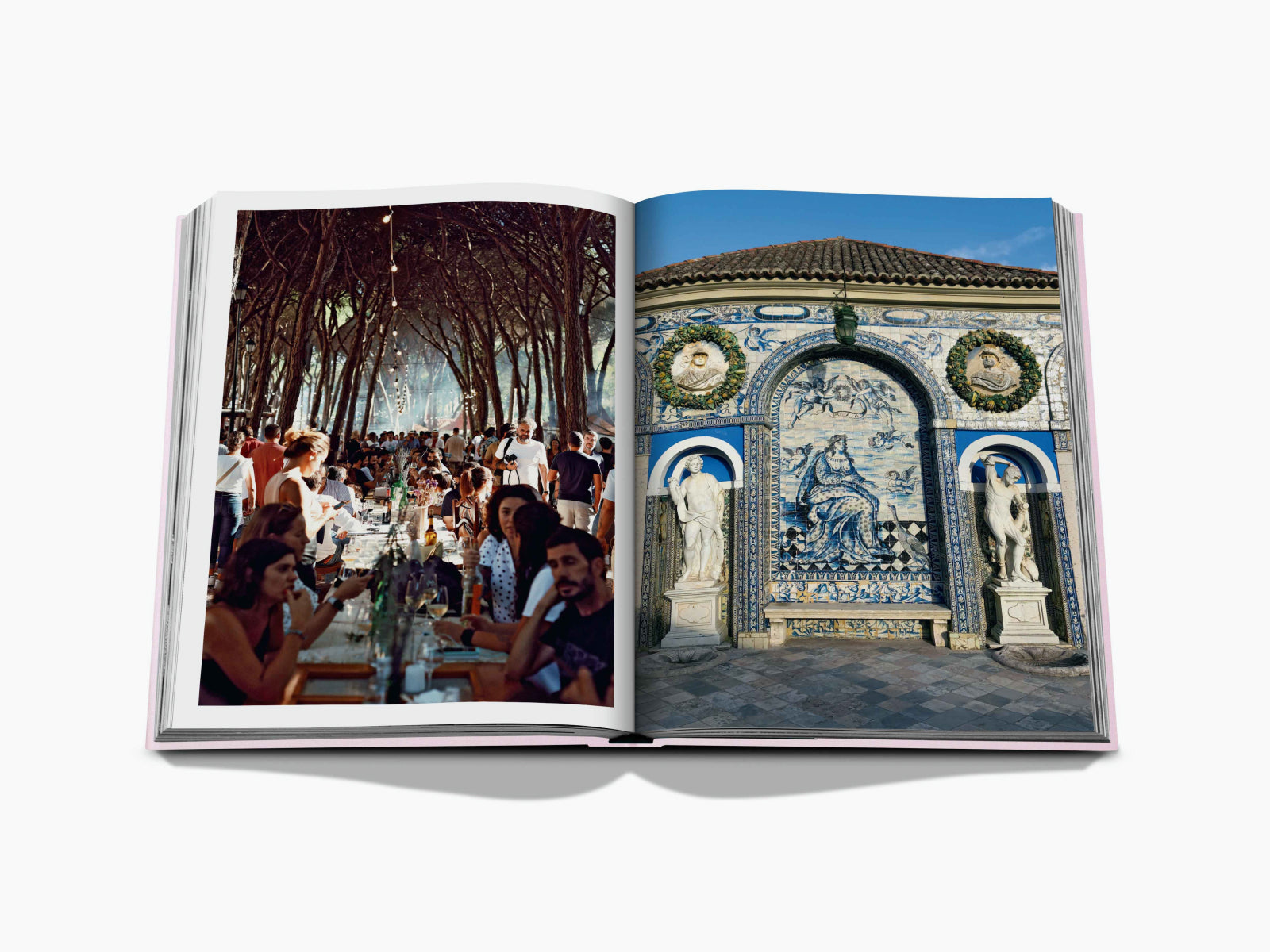 Open Lisboa Luz spread showing a tree shaded outdoor dining scene on the left and a blue tiled entrance on the right.