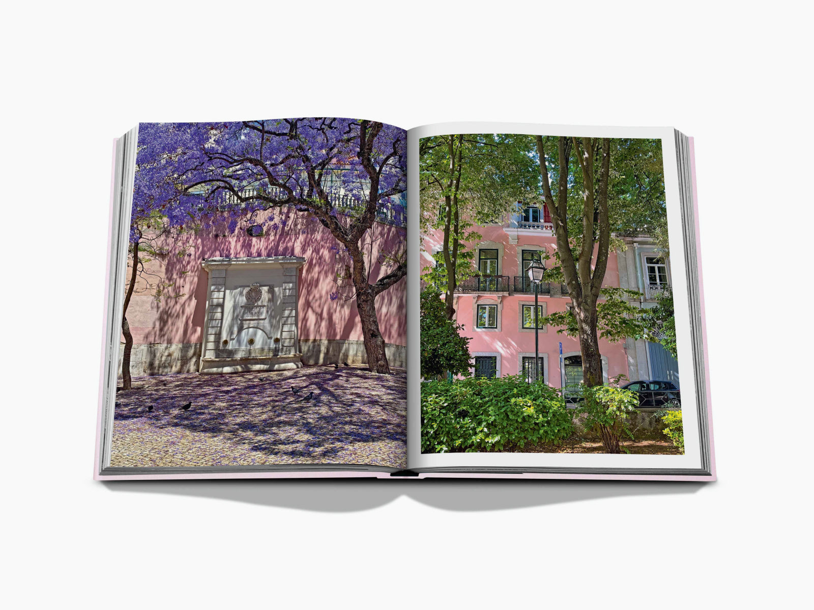 Lisboa Luz spread of Lisbon streets with pink walls and jacaranda blossoms, left page shows a white doorway, right page a pink building beside trees