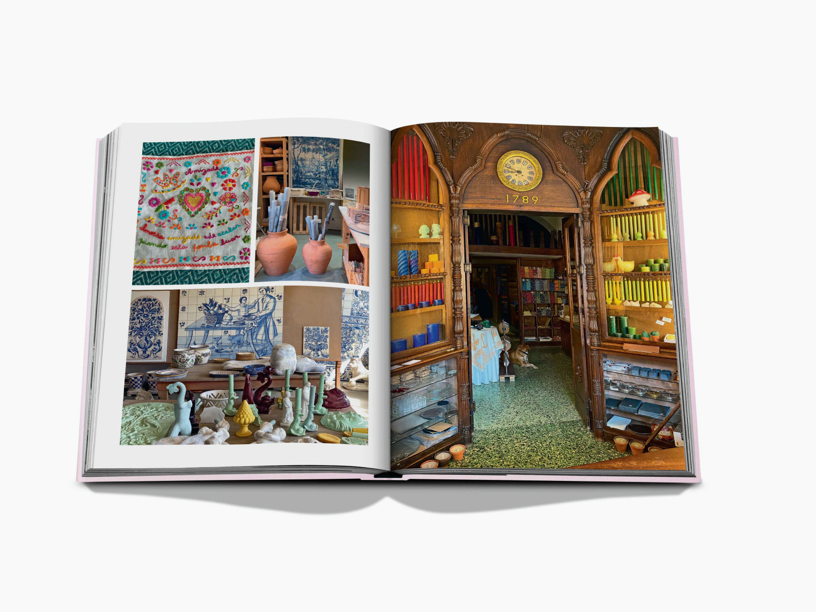 Open Lisboa Luz spread with a collage of ceramic tiles, pottery, and a colorful shopfront doorway.