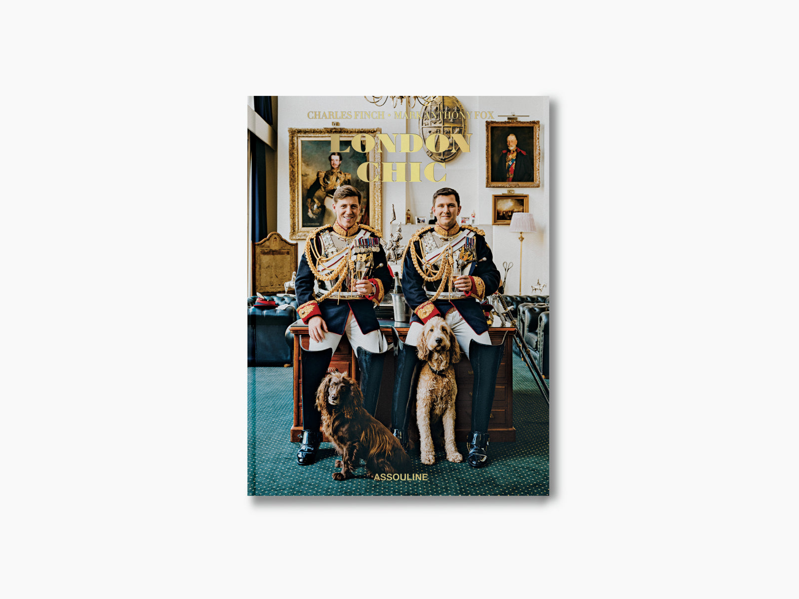 Cover of London Chic featuring two men in ceremonial military uniforms with two dogs in an ornate room.