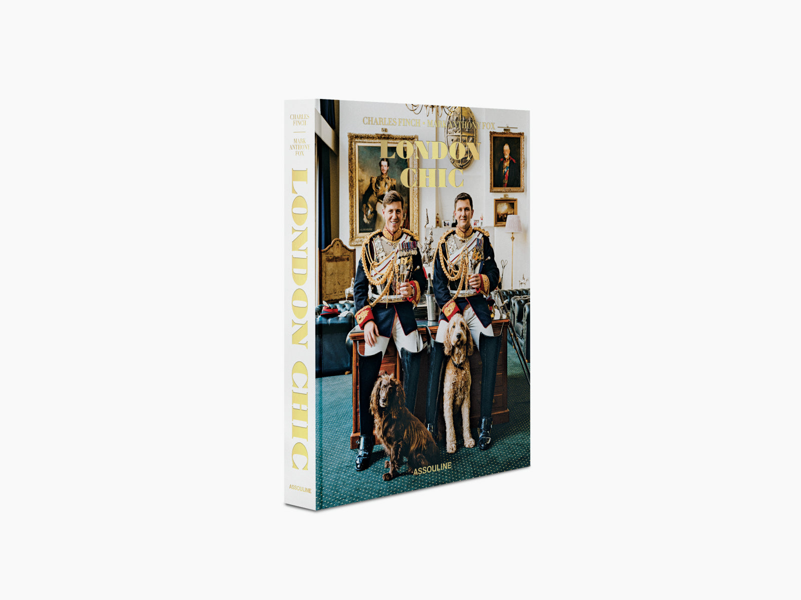 Angled cover of London Chic with gold title along the spine and elaborately dressed soldiers.