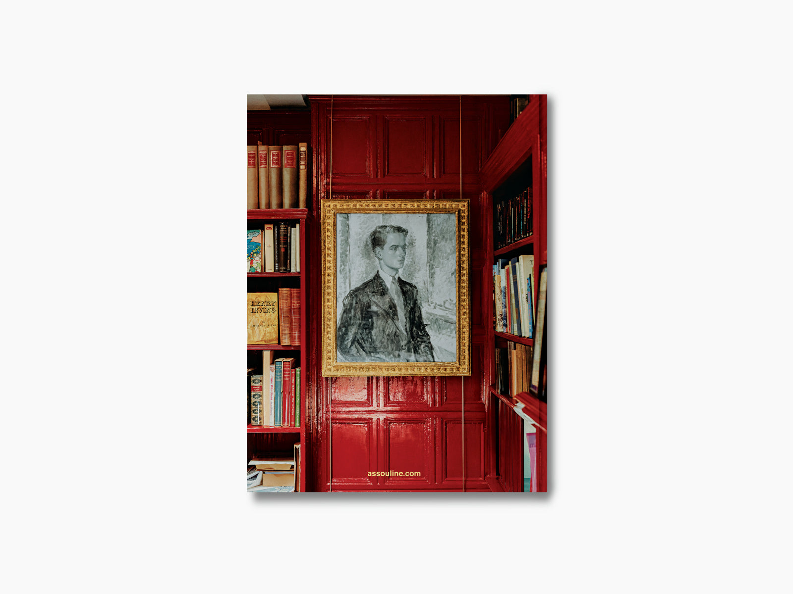 London Chic cover set in a red library with a framed portrait and surrounding bookshelves.