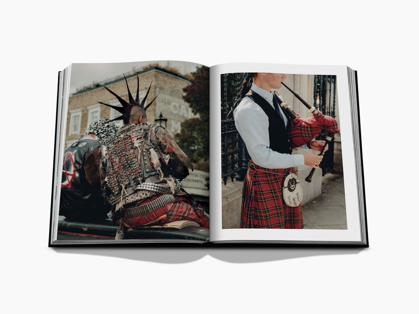 London Chic spread: punk rocker with a spiked mohawk on the left and a man in a red tartan kilt on the right.