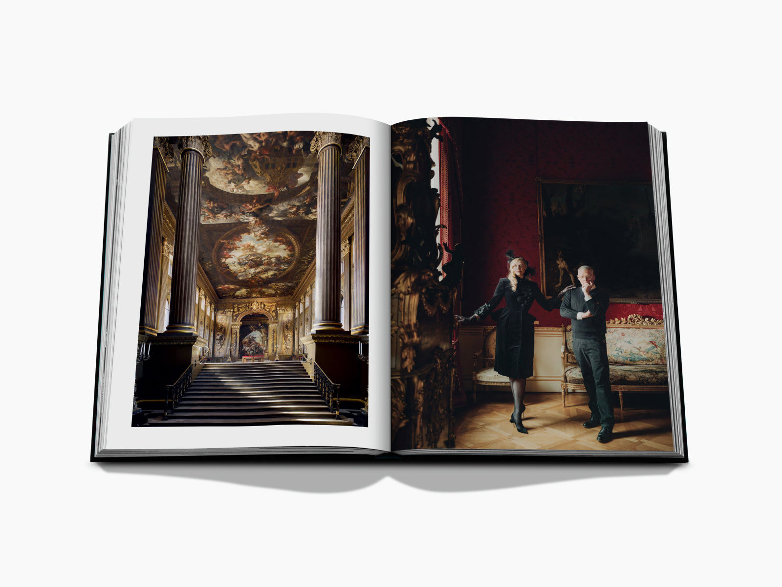 London Chic spread shows opulent interiors with a grand staircase on the left and a stylish couple in a gilded room on the right.