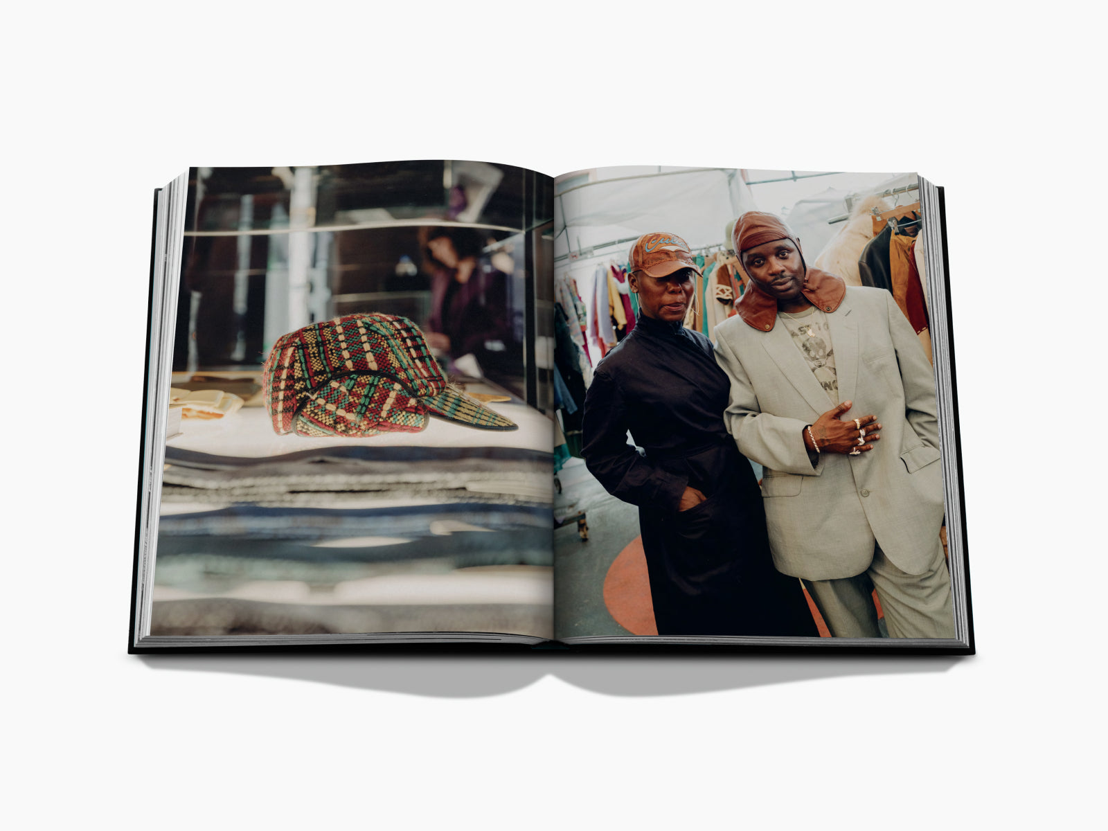 London Chic spread features a plaid cap on display on the left and two fashion-forward figures in tailored outfits on the right.