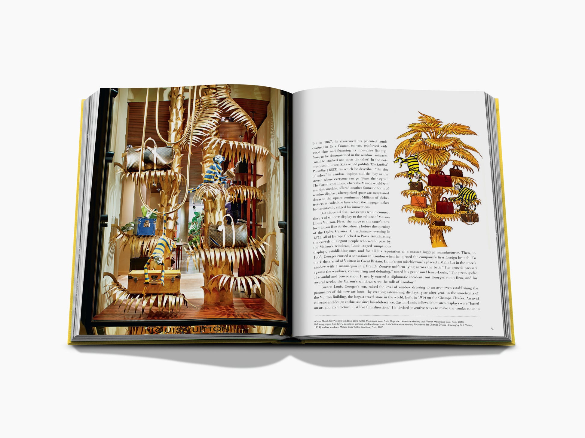 Two-page spread from From Louis to Vuitton showing a gold sculptural display with handbags and a palm tree with suitcases illustration.