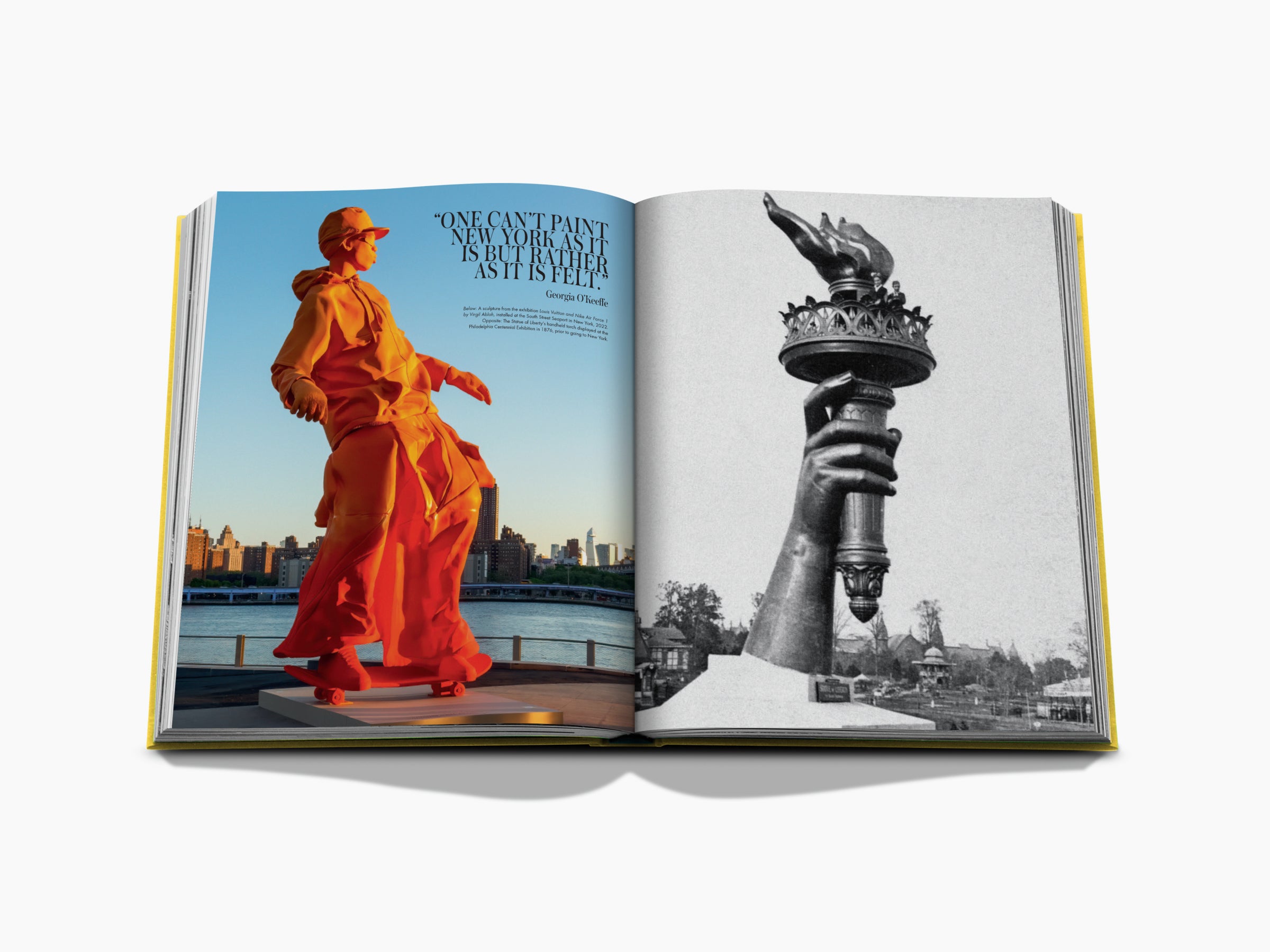Spread from From Louis to Vuitton showing an orange clad skateboarder statue against a city skyline on the left and a grayscale torch bearer.