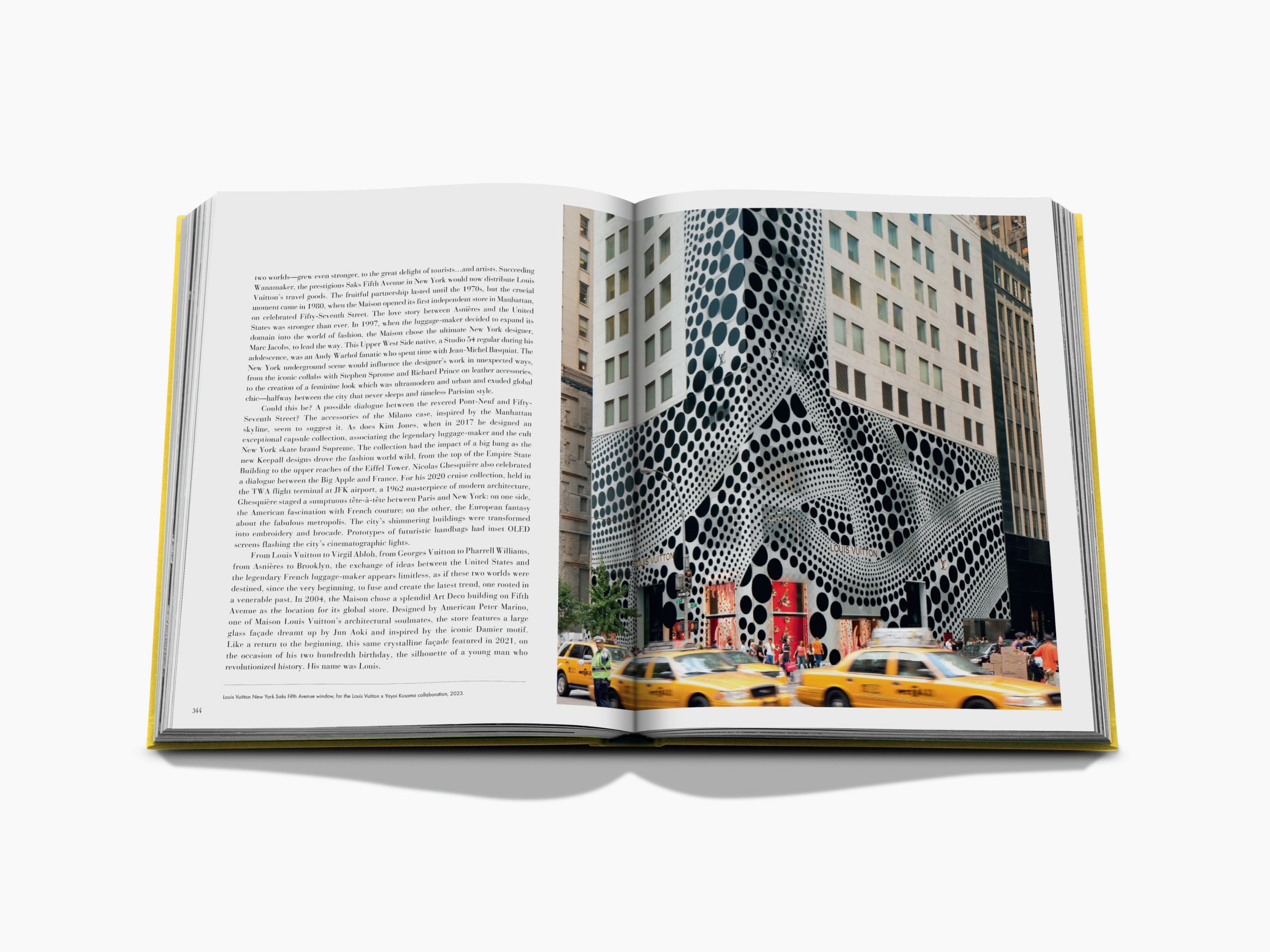 Two-page spread featuring dense text on the left and a bold dotted facade building on the right from From Louis to Vuitton.