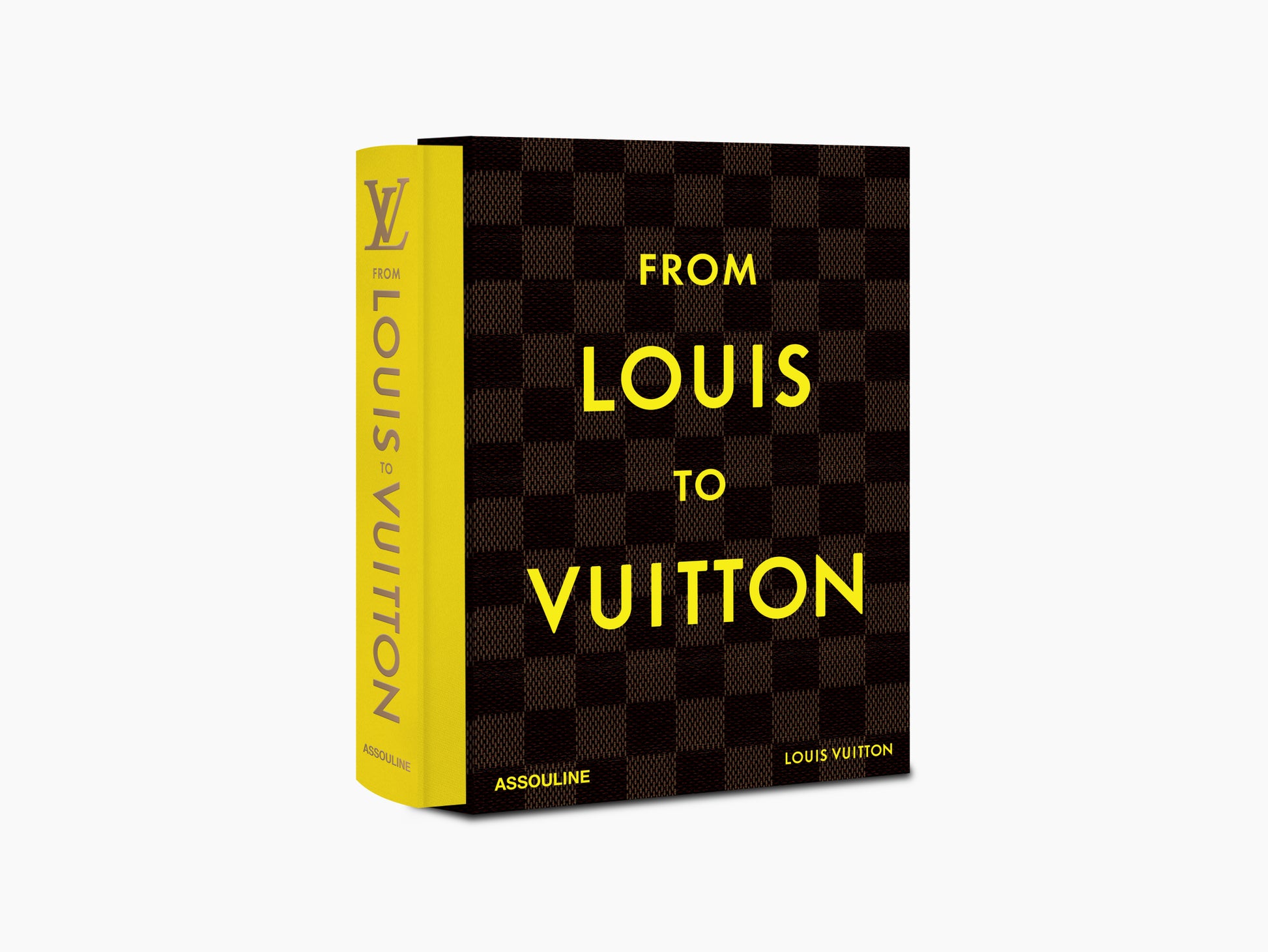 Side view of From Louis to Vuitton showing the yellow spine against the checkered cover