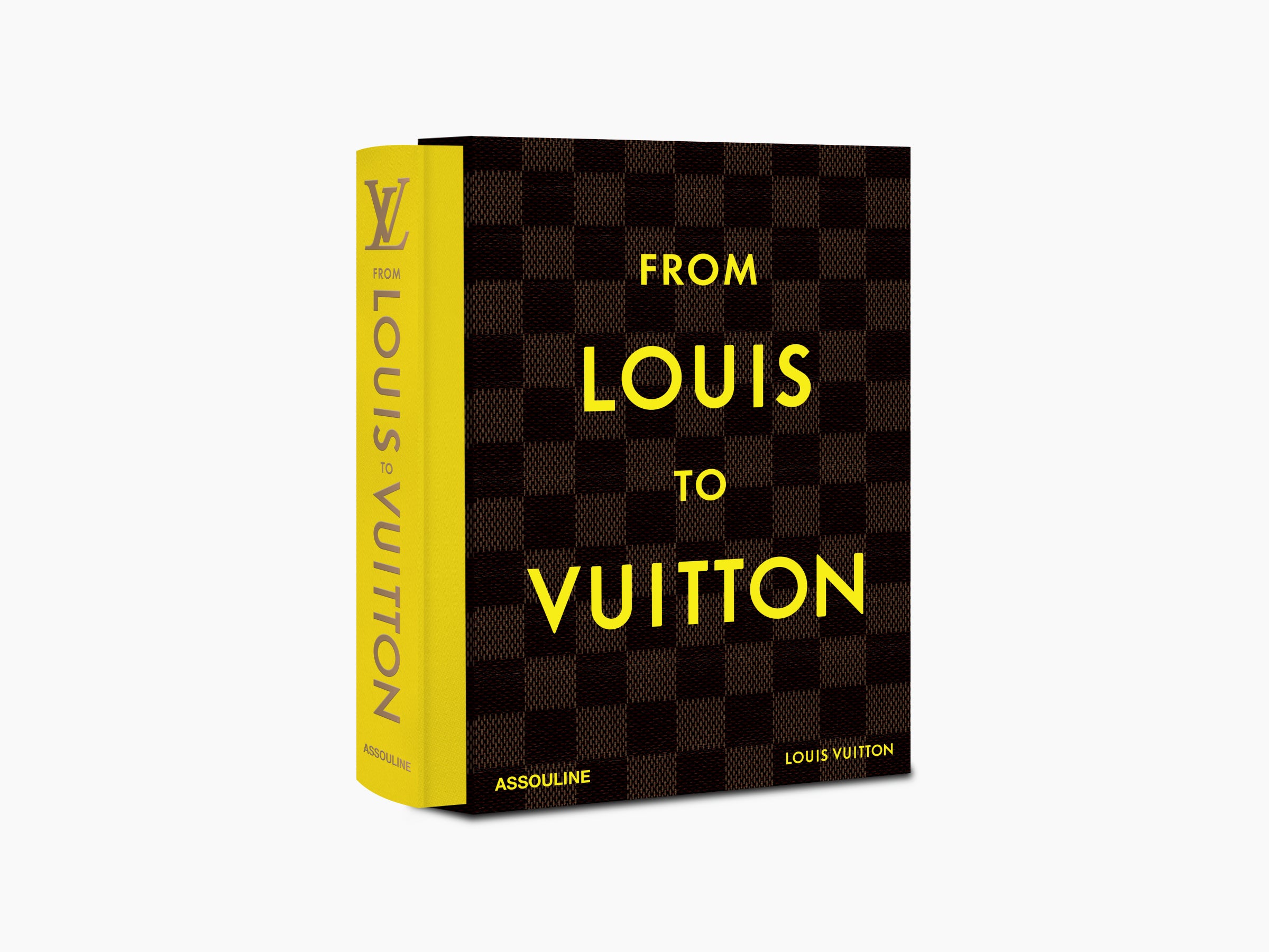Side view of From Louis to Vuitton showing the yellow spine against the checkered cover
