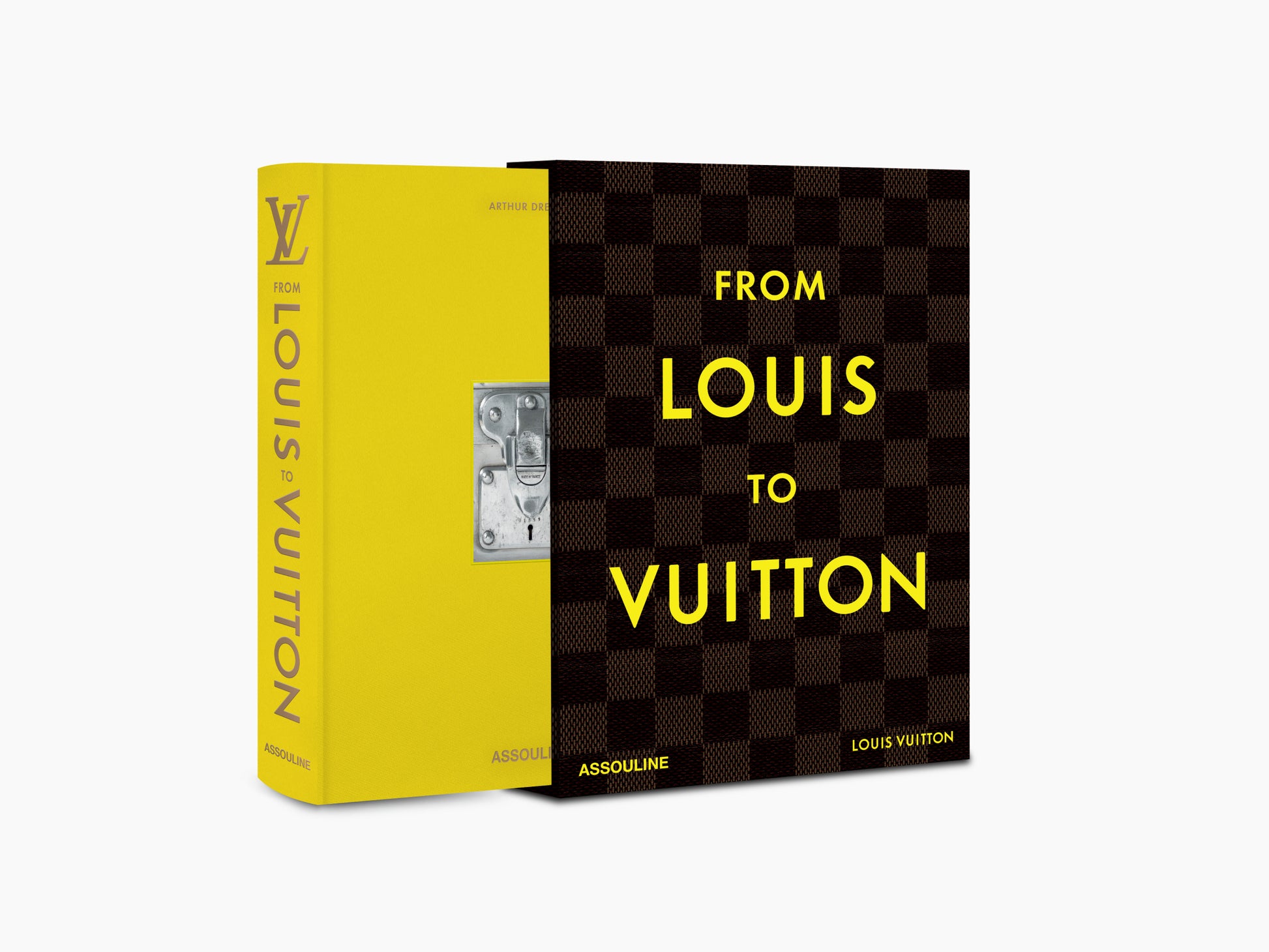 From Louis to Vuitton with yellow spine and a metal latch on the slipcase beside the checkered cover