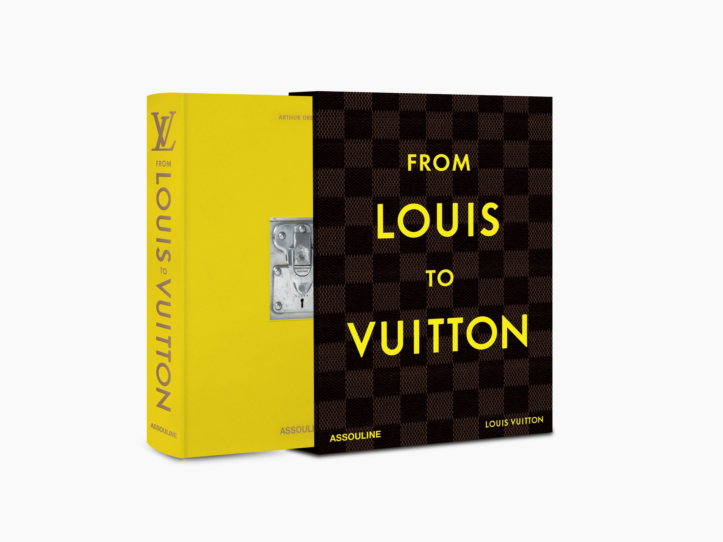From Louis to Vuitton with yellow spine and a metal latch on the slipcase beside the checkered cover