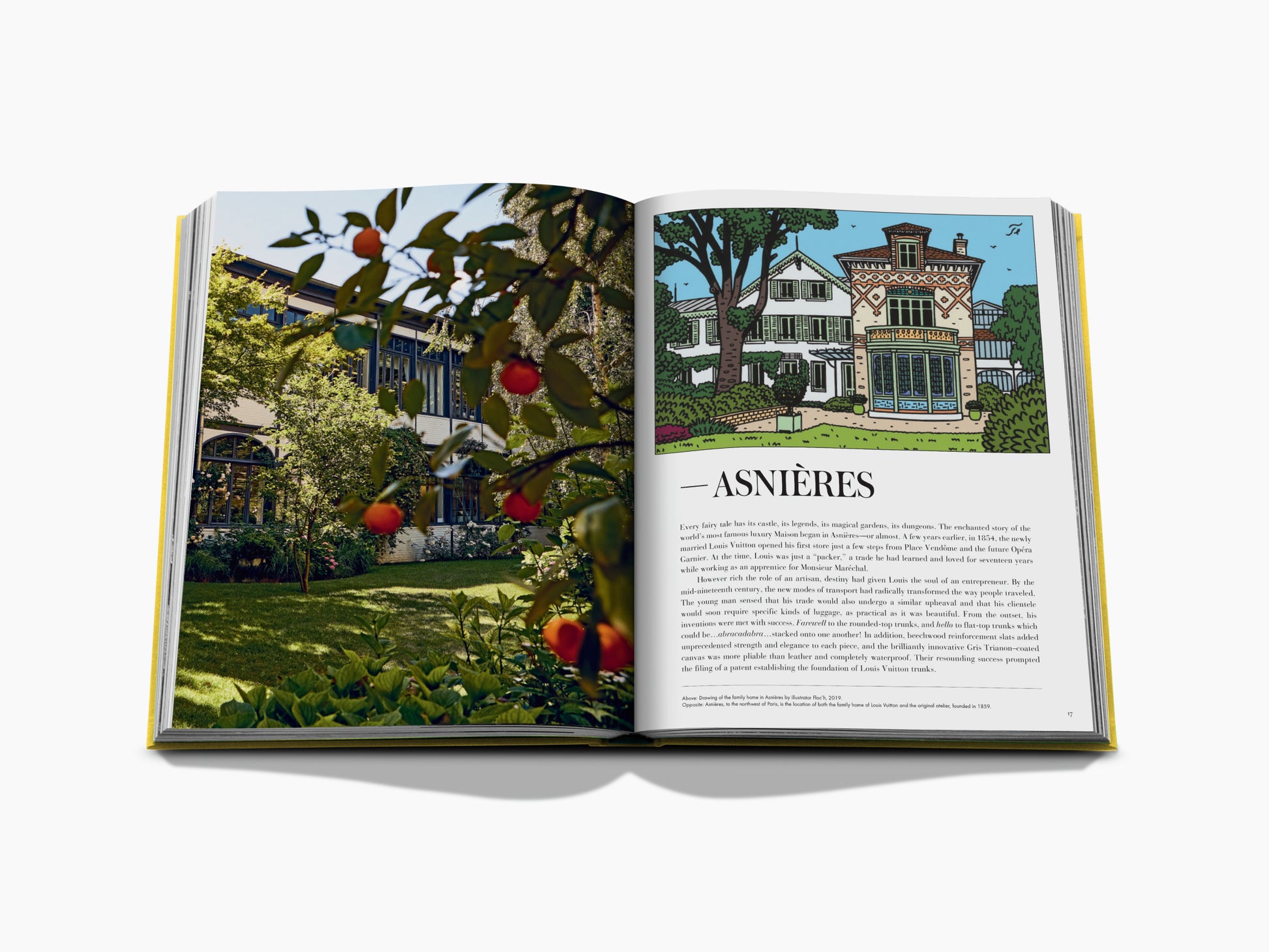Open book From Louis to Vuitton with a garden scene on the left and an illustrated Asnières house on the right.