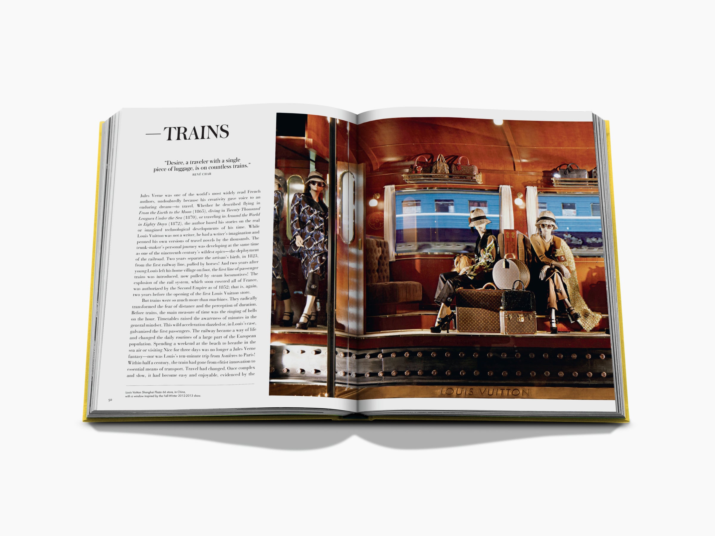 Spread from From Louis to Vuitton with TRAINS heading and a vintage train interior photo across the pages.