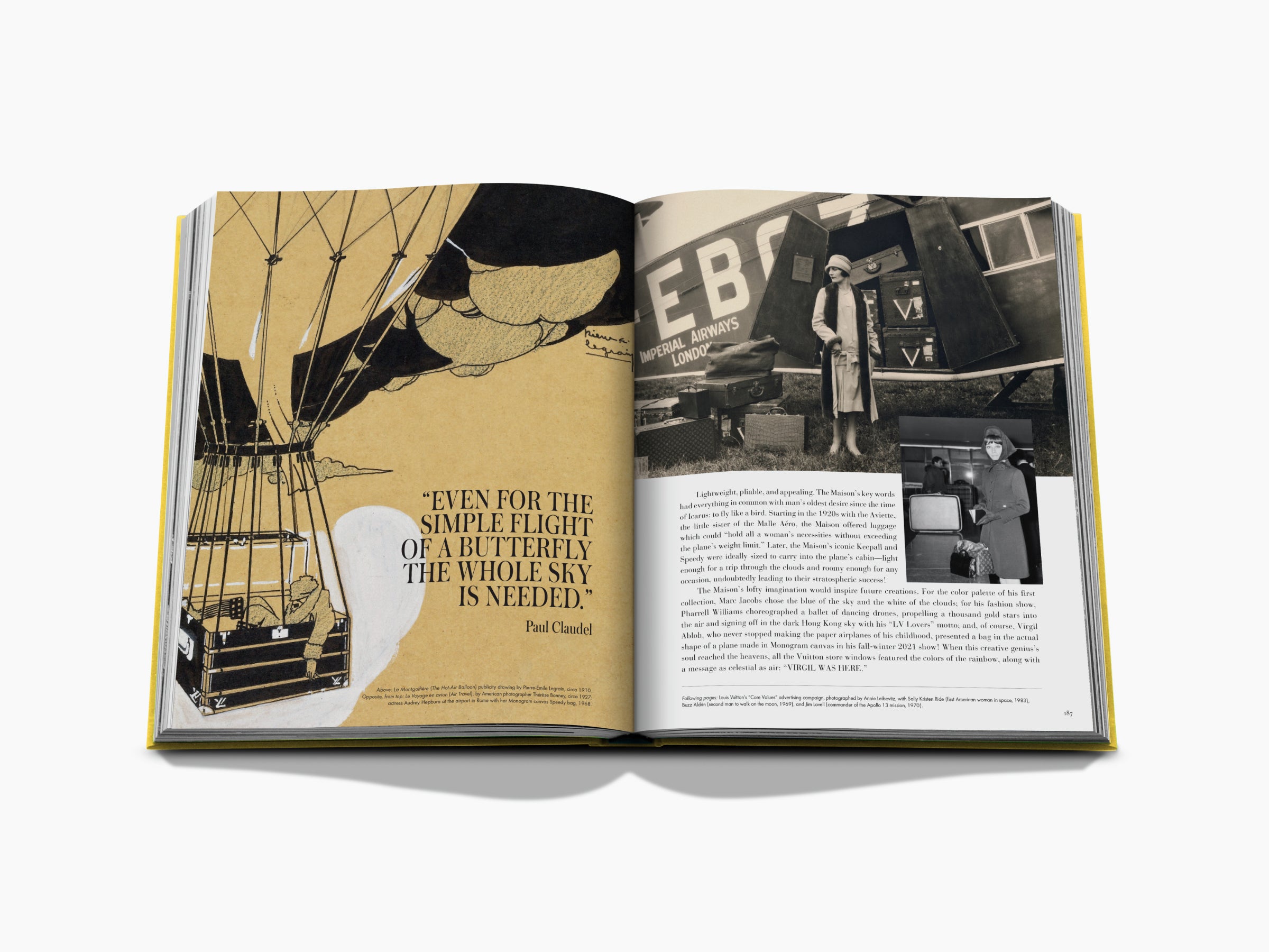 Open From Louis to Vuitton spread with a vintage yellow advertisement illustration on the left and archival photos on the right.