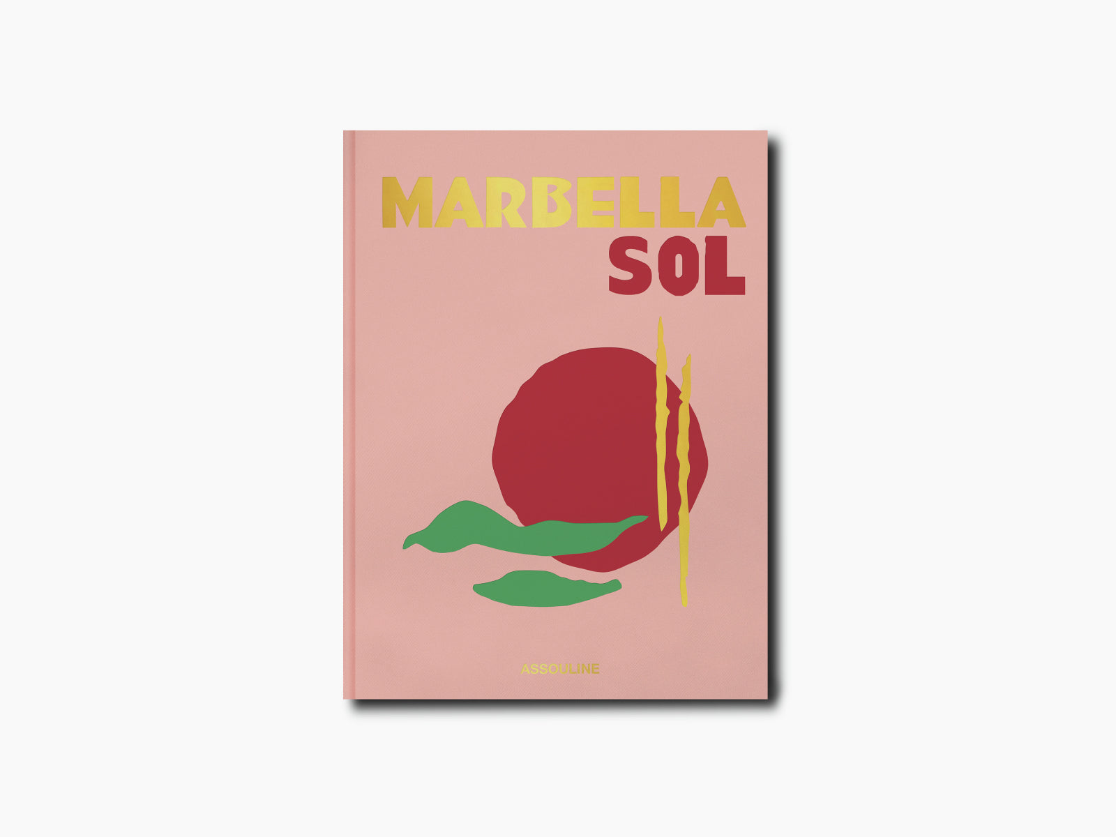 Marbella Sol book cover on pink background with bold yellow MARBELLA and red SOL and an abstract sun and green leaves