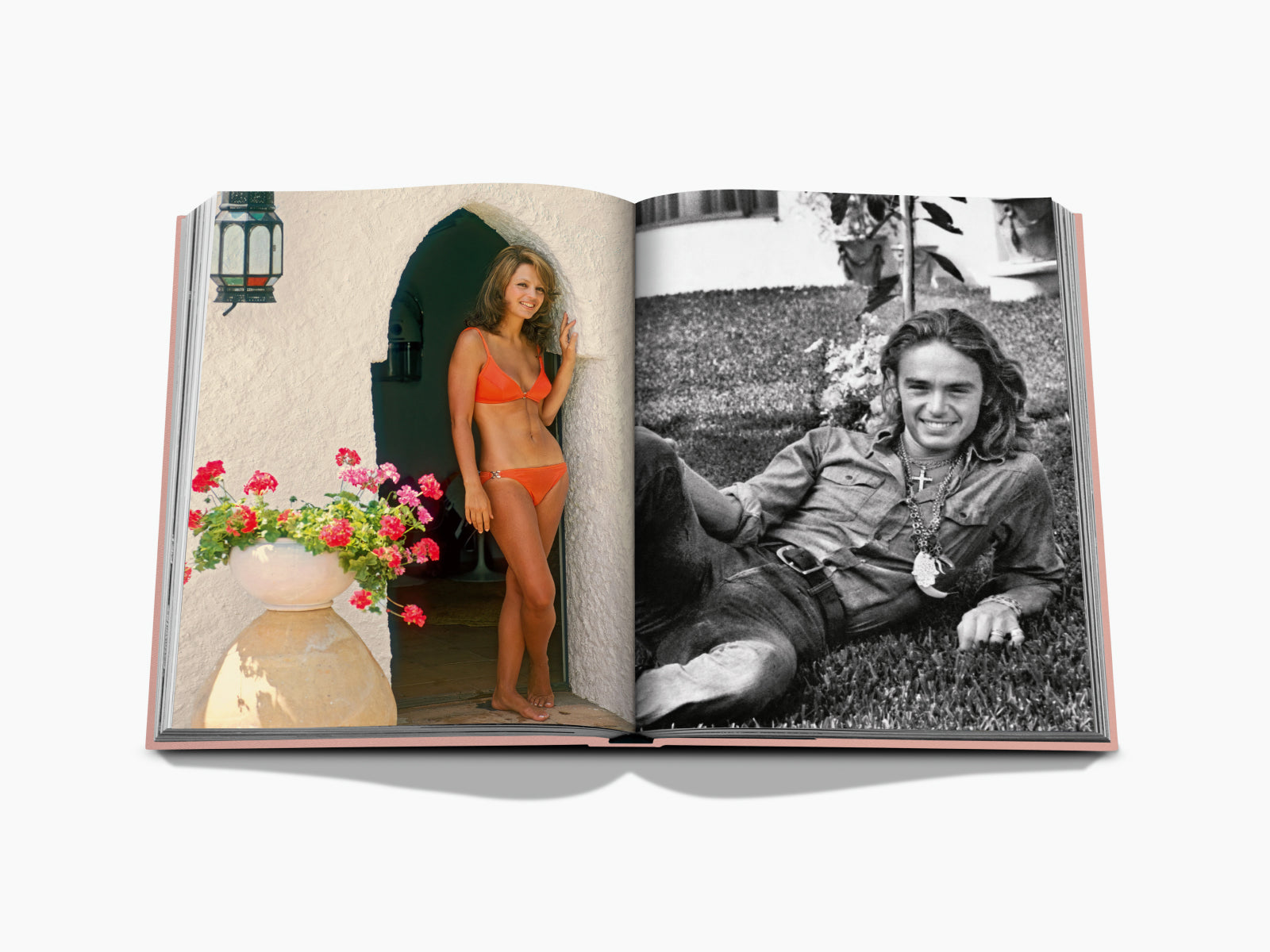 Marbella Sol open book spread shows a woman in orange bikini by a white arch with flowers on the left and a black and white portrait of a man on the right