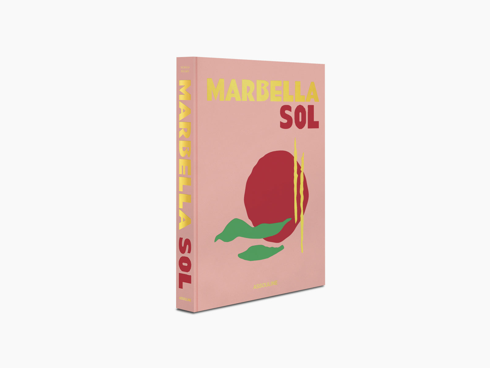 Pink Marbella Sol book cover with bold yellow MARBELLA and red SOL text, abstract sun and green leaves.