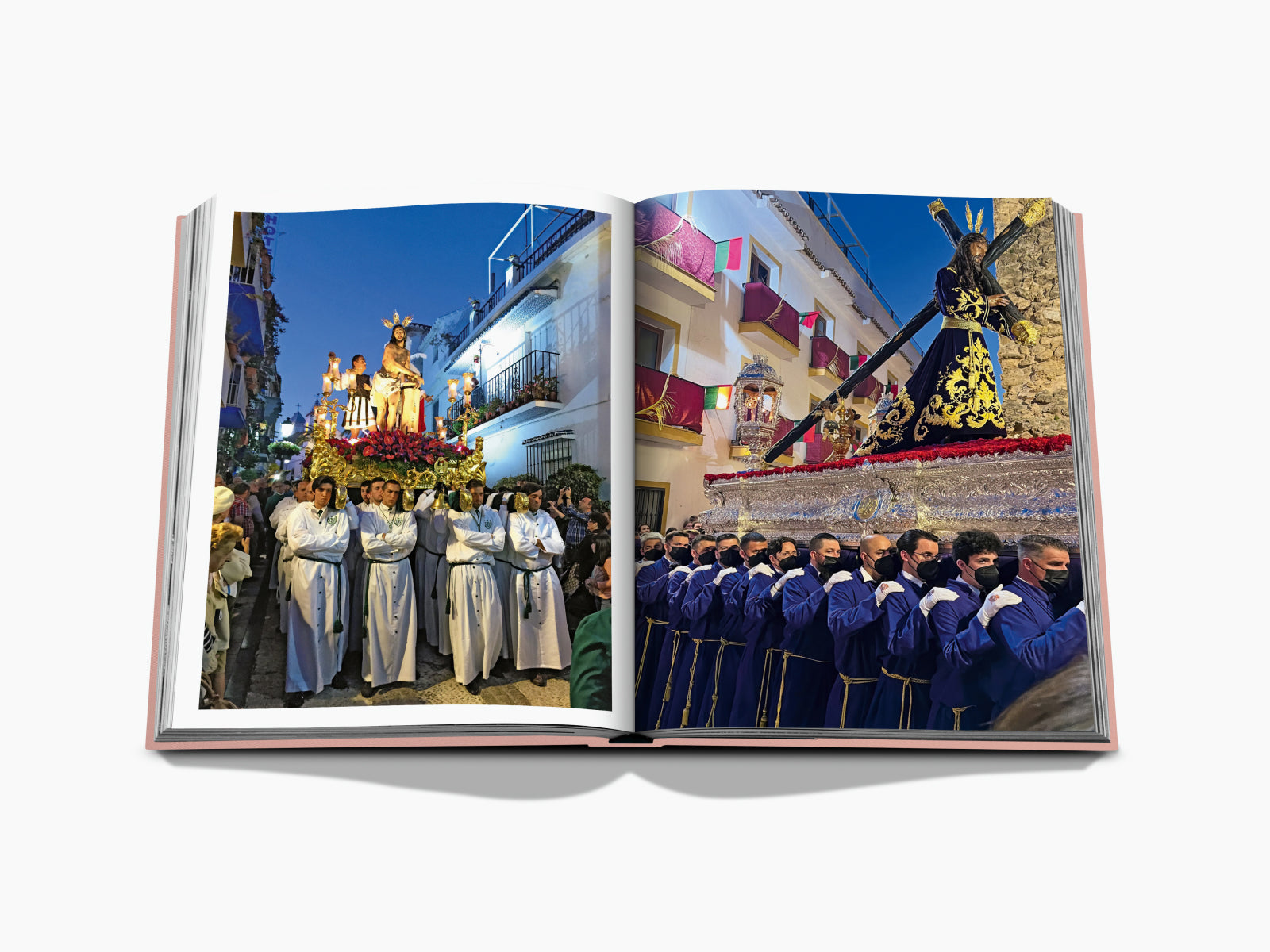 Two page Marbella Sol spread showing a nighttime religious procession with ornate statues and carriers