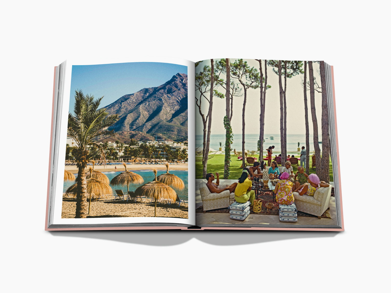 Beach with thatched umbrellas and palm trees and mountains in the background on the left, and a tree lined seaside terrace with guests on the right.