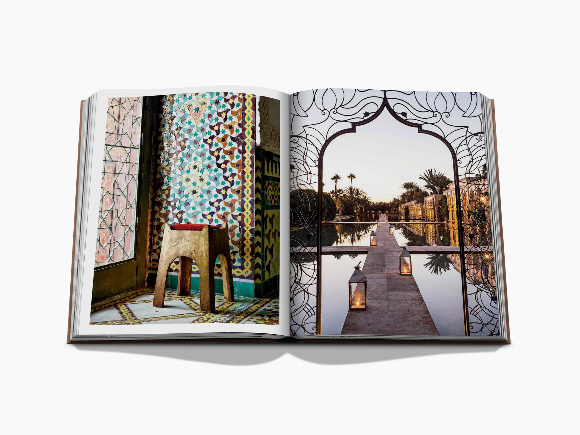 Marrakech Flair spread featuring a colorful mosaic wall and stool on the left and an ornate arched gateway over a reflecting pool on the right