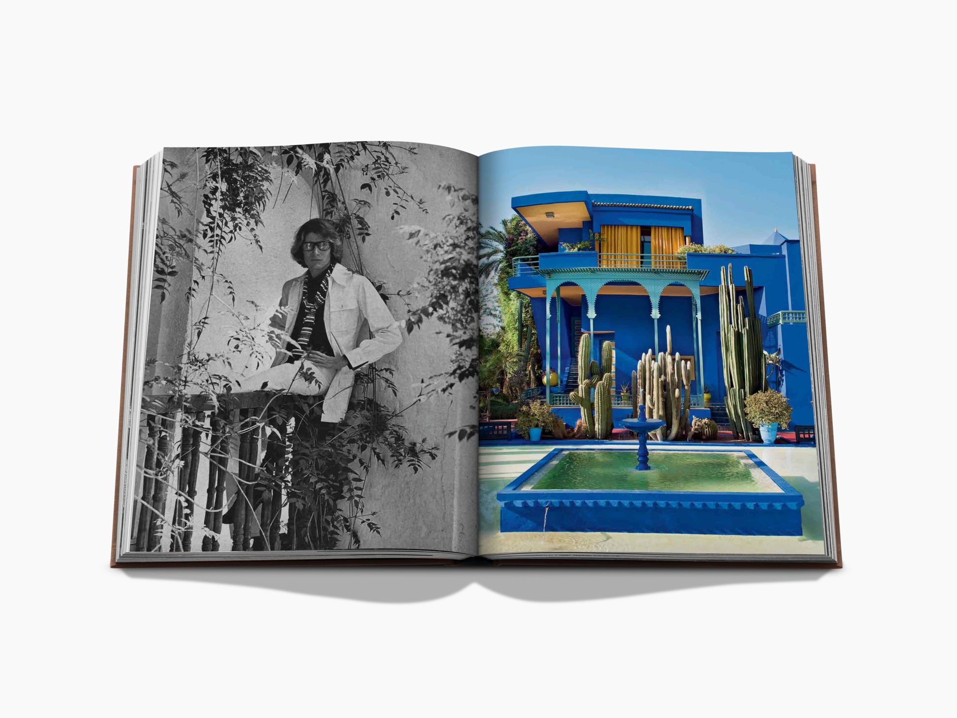 Marrakech Flair spread with a black and white portrait on the left and a bright blue contemporary villa with a palm filled courtyard on the right