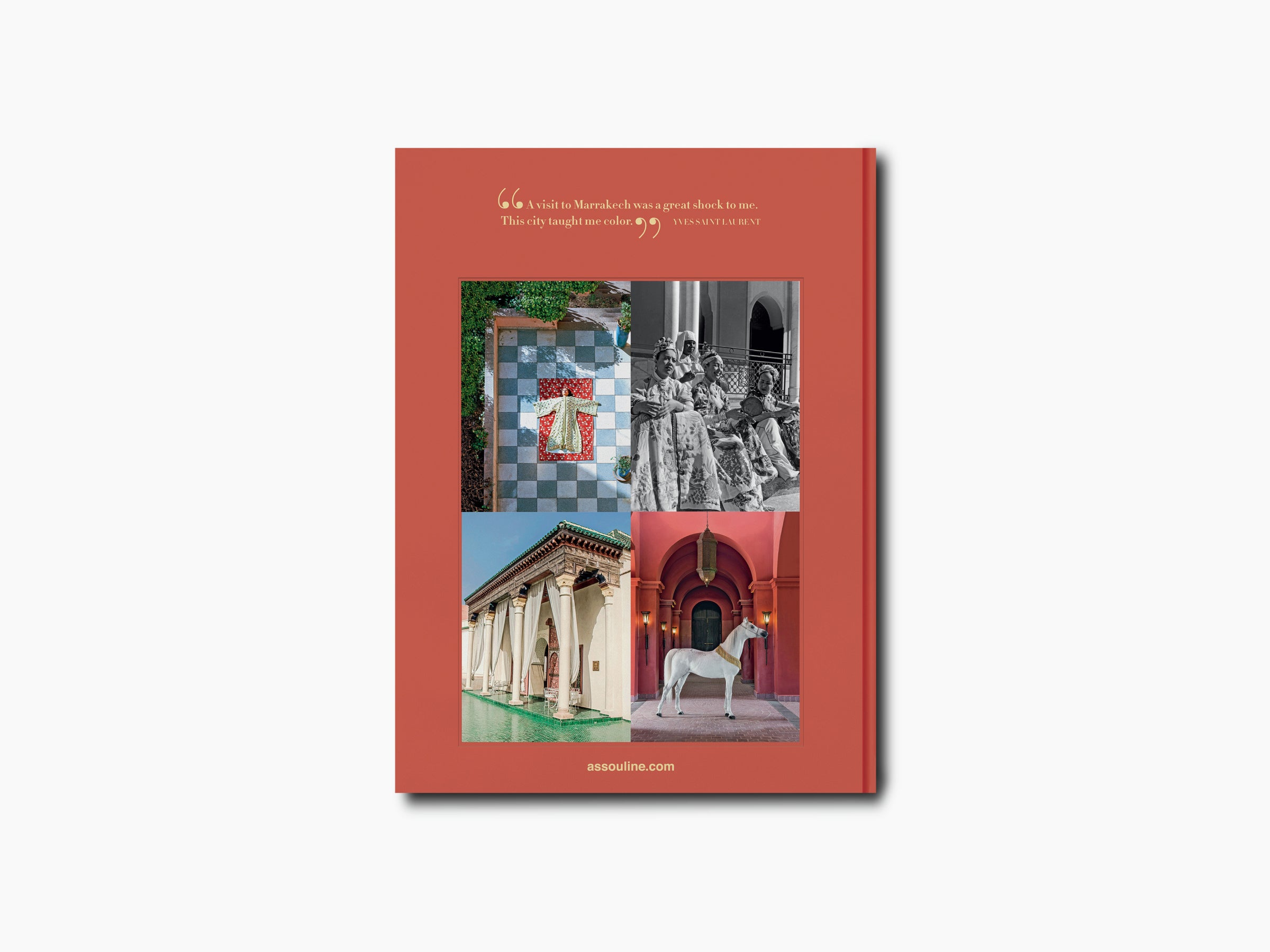 Back cover of Marrakech Flair showing a four image collage including tilework, columns, arches, and a white horse statue