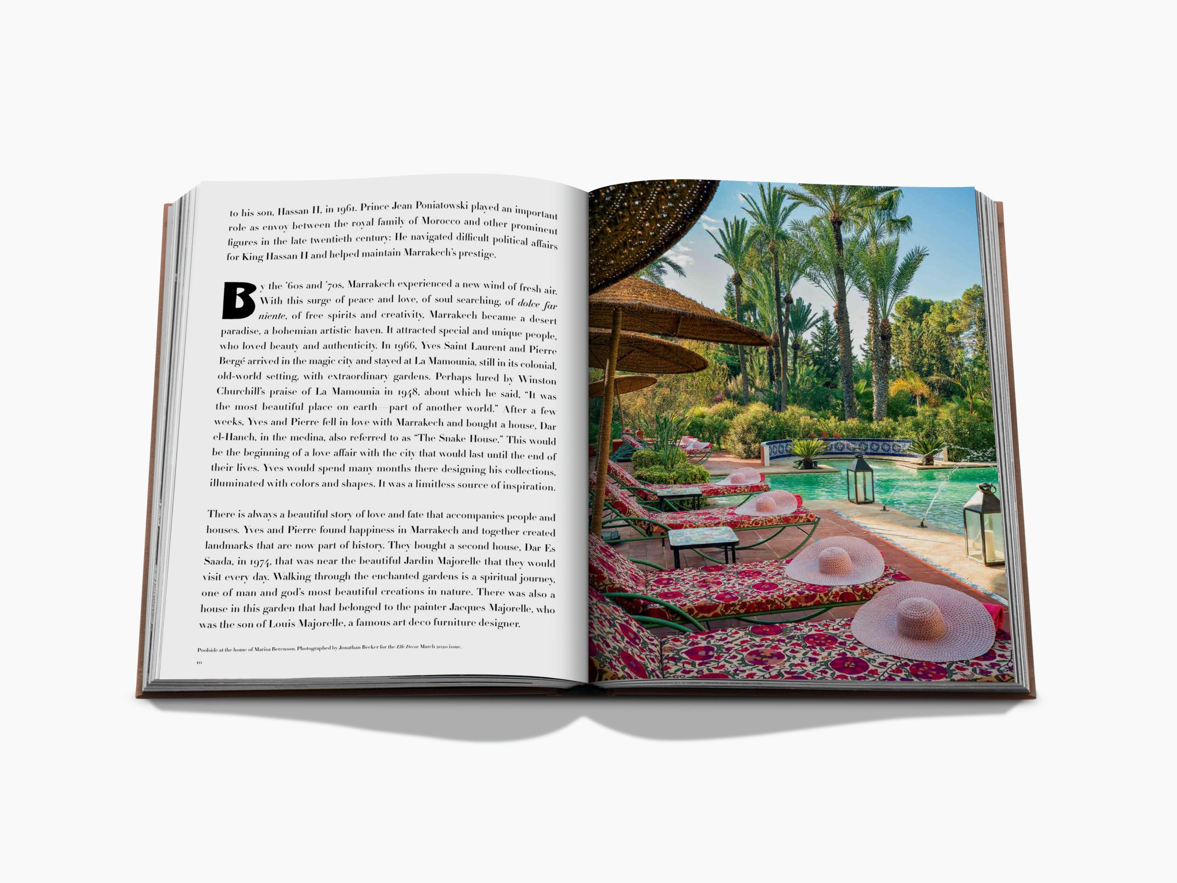 Open Marrakech Flair spread with a decorative drop cap and text on the left and a sunlit tropical pool scene with palm trees on the right.