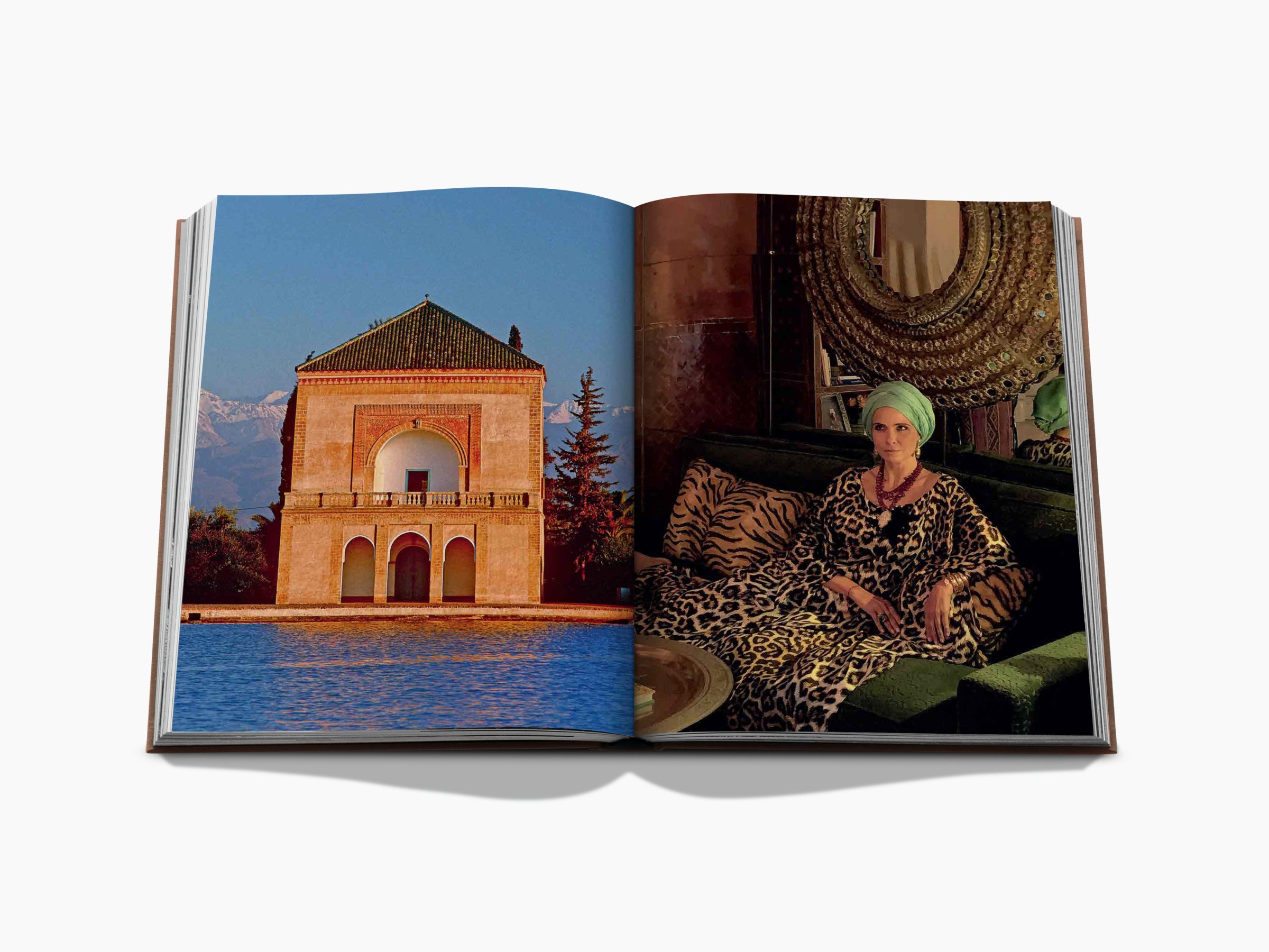 Split spread: lakeside Moroccan building on left and a woman in leopard print robe seated indoors on the right