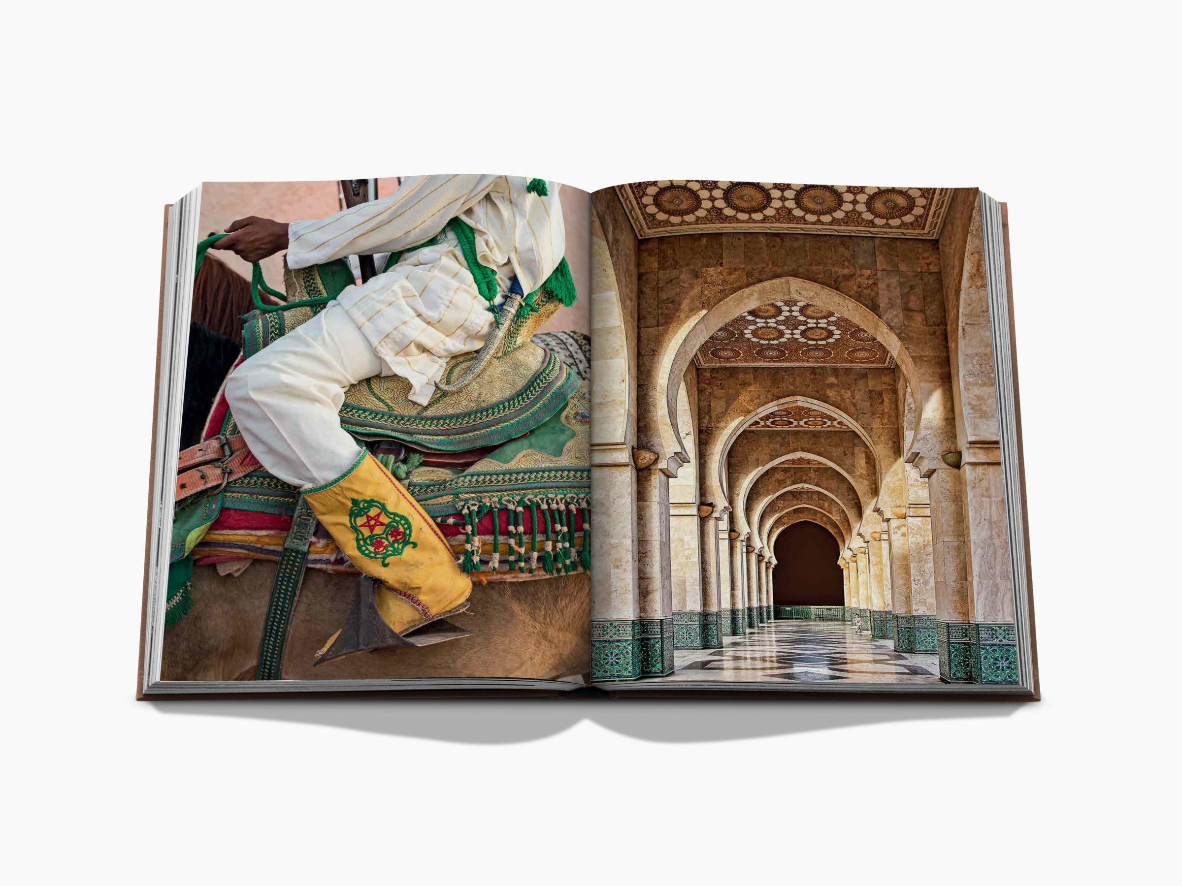 Two page Marrakech Flair spread featuring a richly dressed rider on a camel left and an ornate arched corridor with tiled floors on the right.