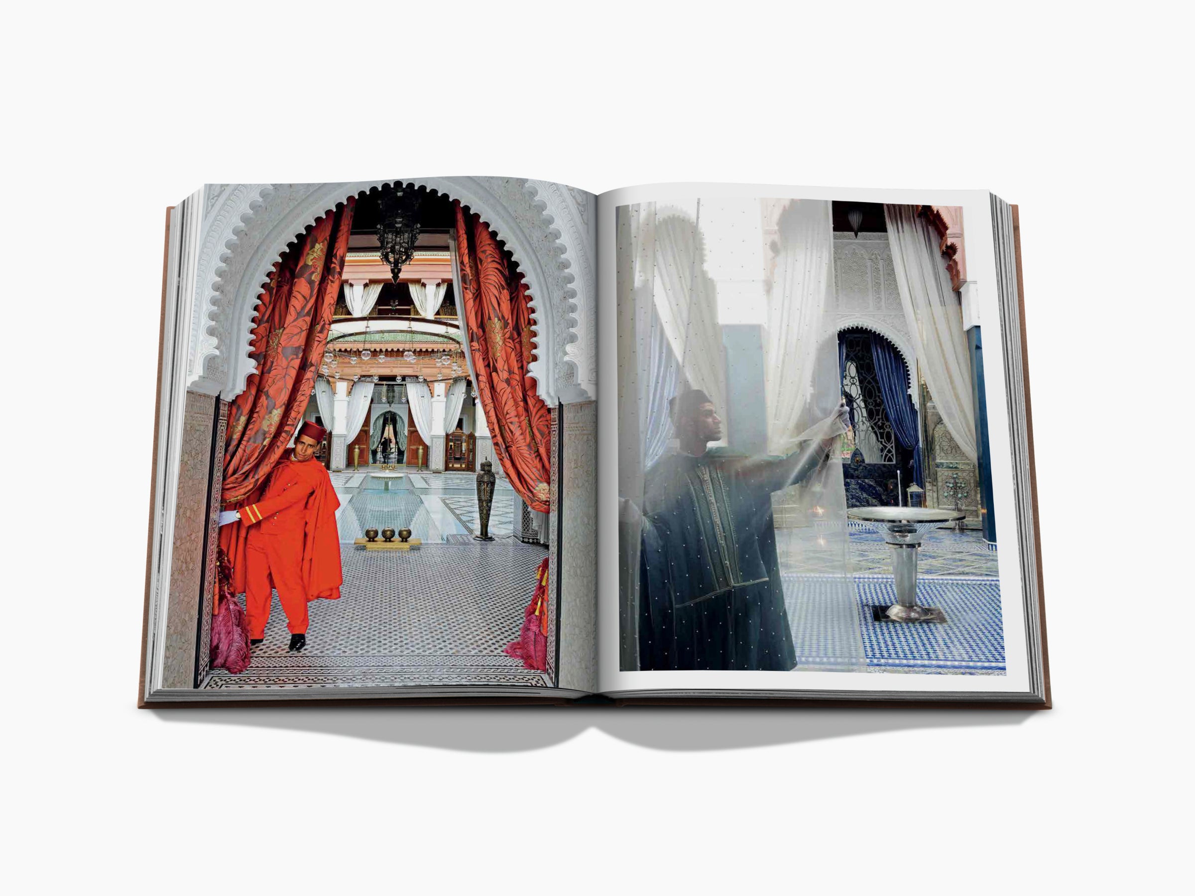 Split spread: ornate interior arches on left and a woman in leopard print robe lounging indoors on the right