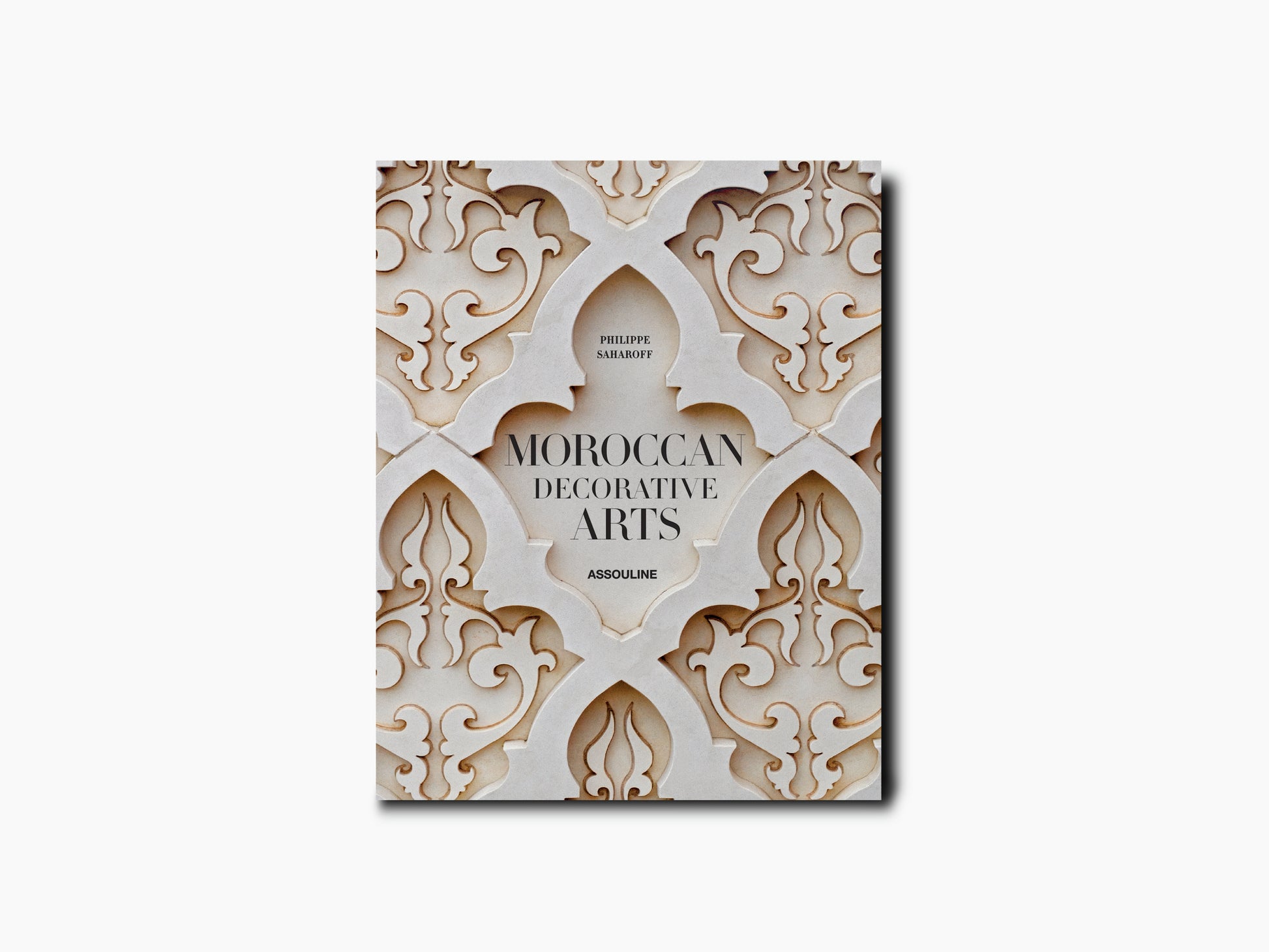 Moroccan Decorative Arts book cover with intricate cream plasterwork and a colorful mosaic strip along the left edge.
