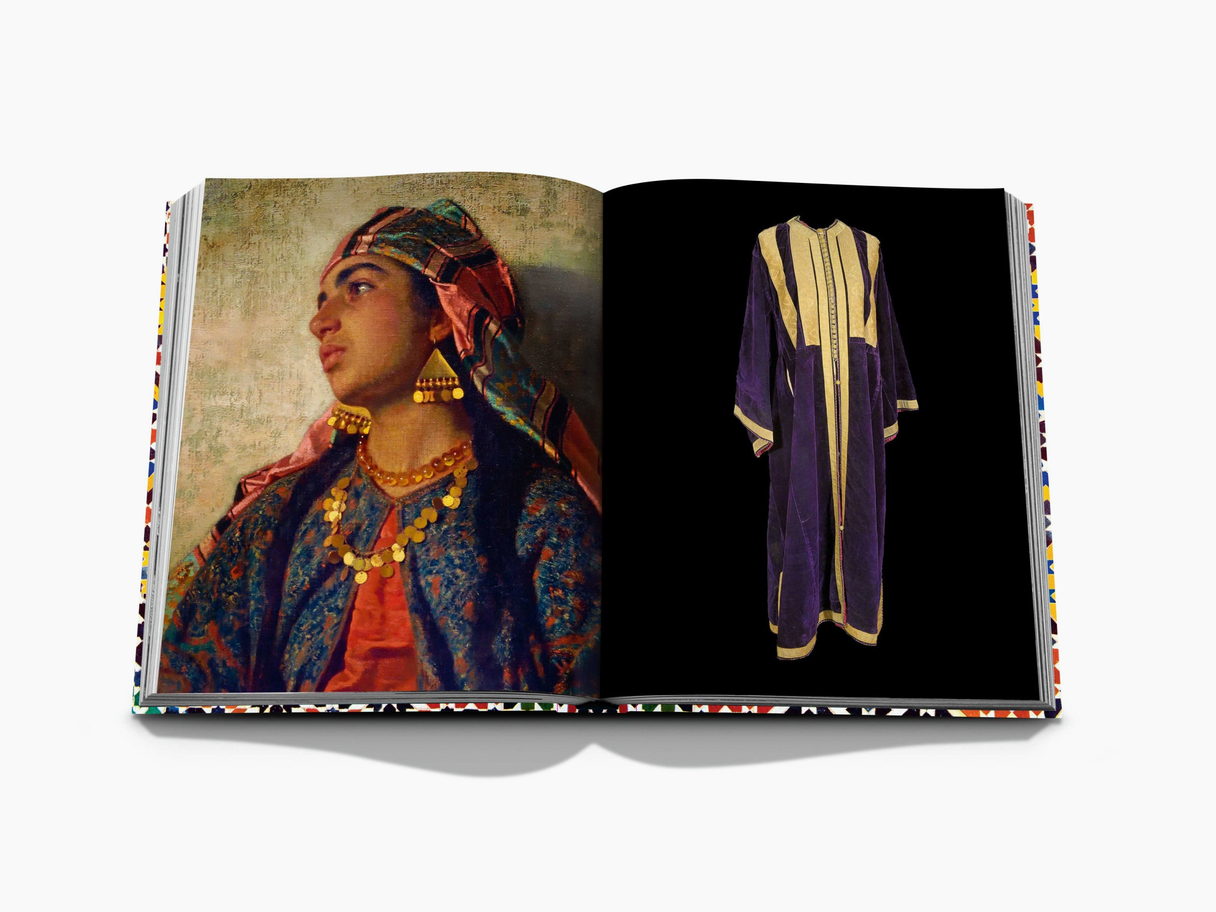 Open two page spread with a painted portrait of a woman in traditional attire on the left and a purple and gold robe on the right against a black background.