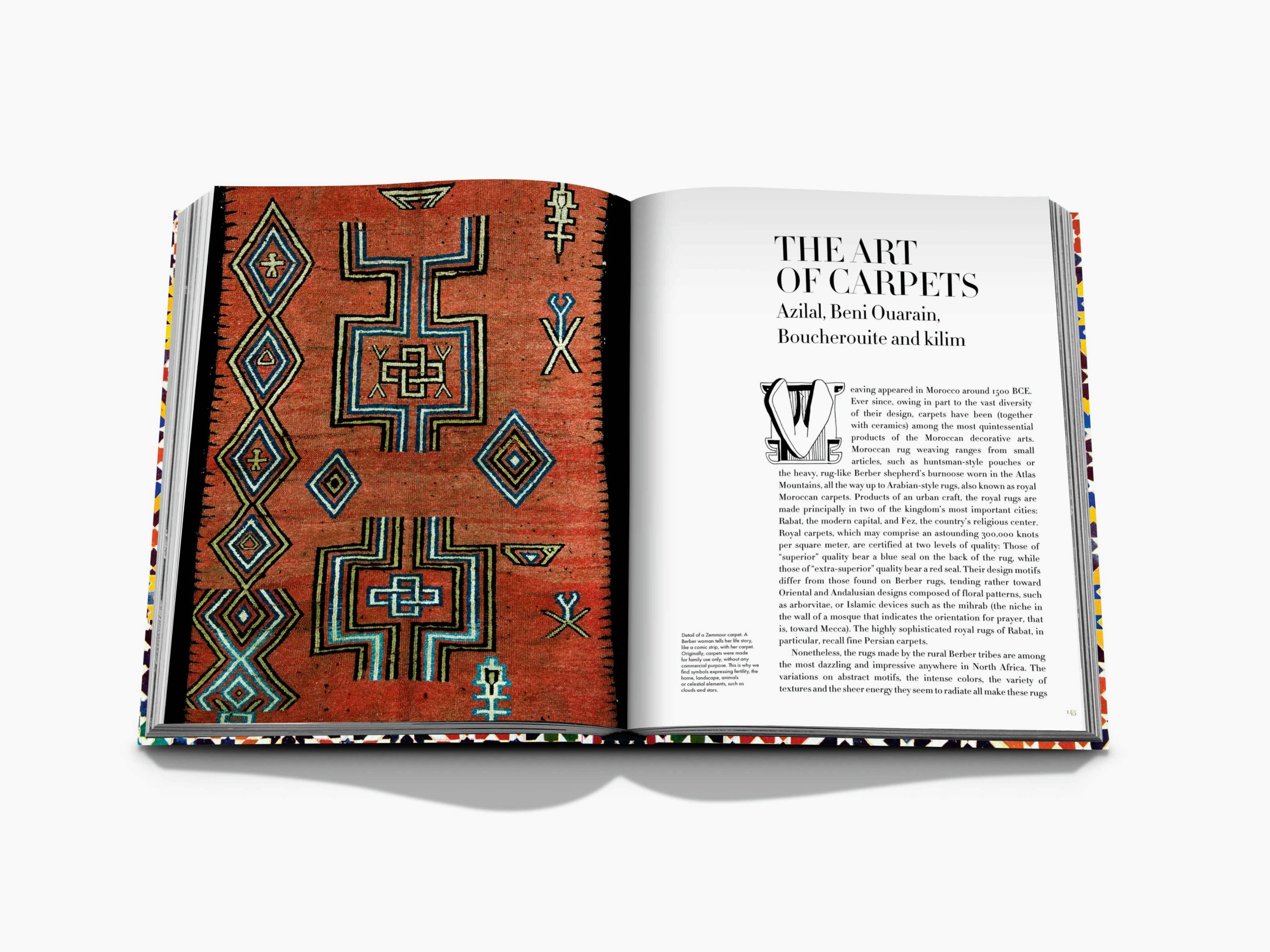 Open book spread from Moroccan Decorative Arts showing a vivid carpet on the left and The Art of Carpets article on the right.