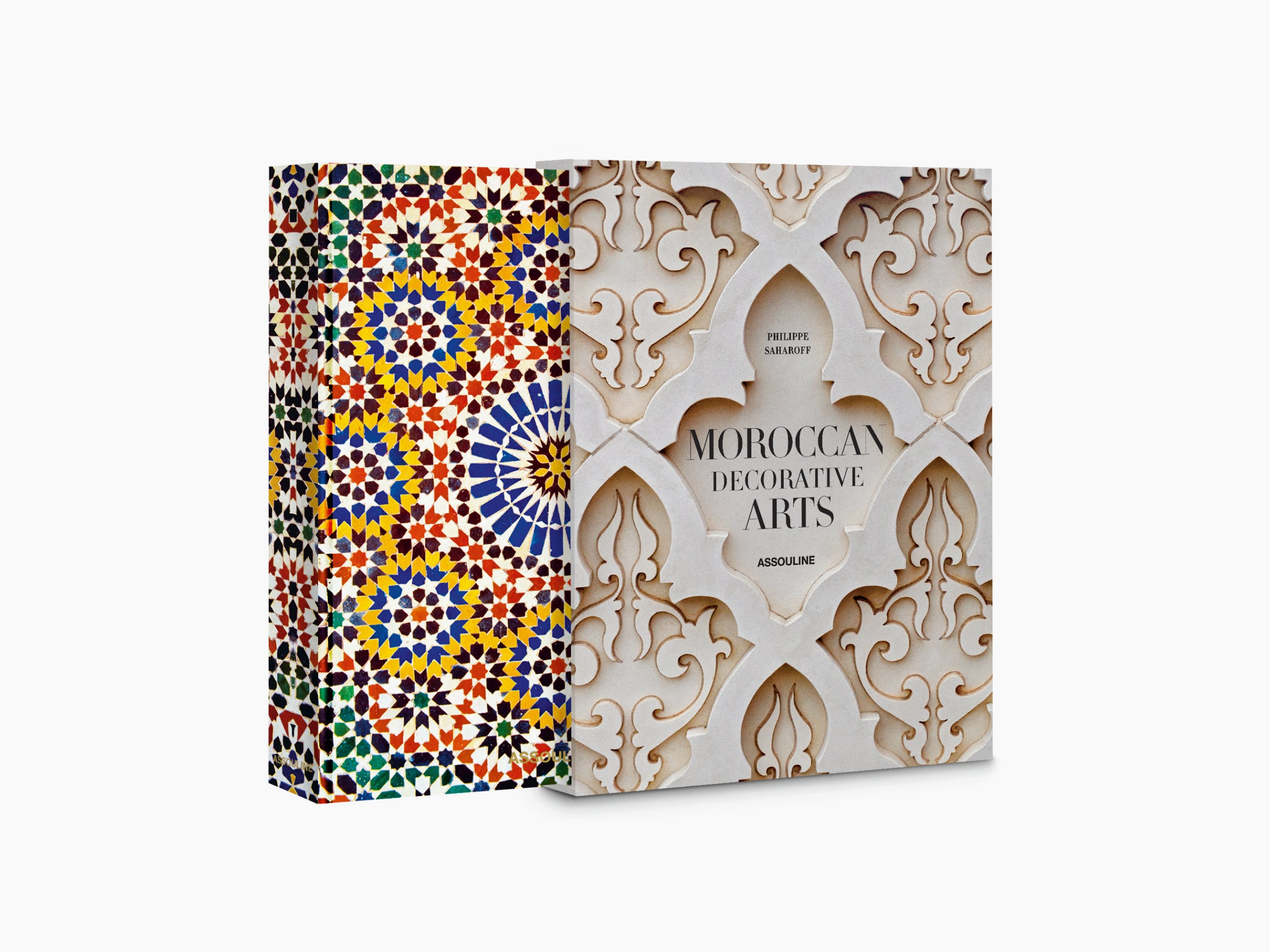 Cover of Moroccan Decorative Arts with a colorful Moroccan mosaic on the left and intricate plasterwork on the right.