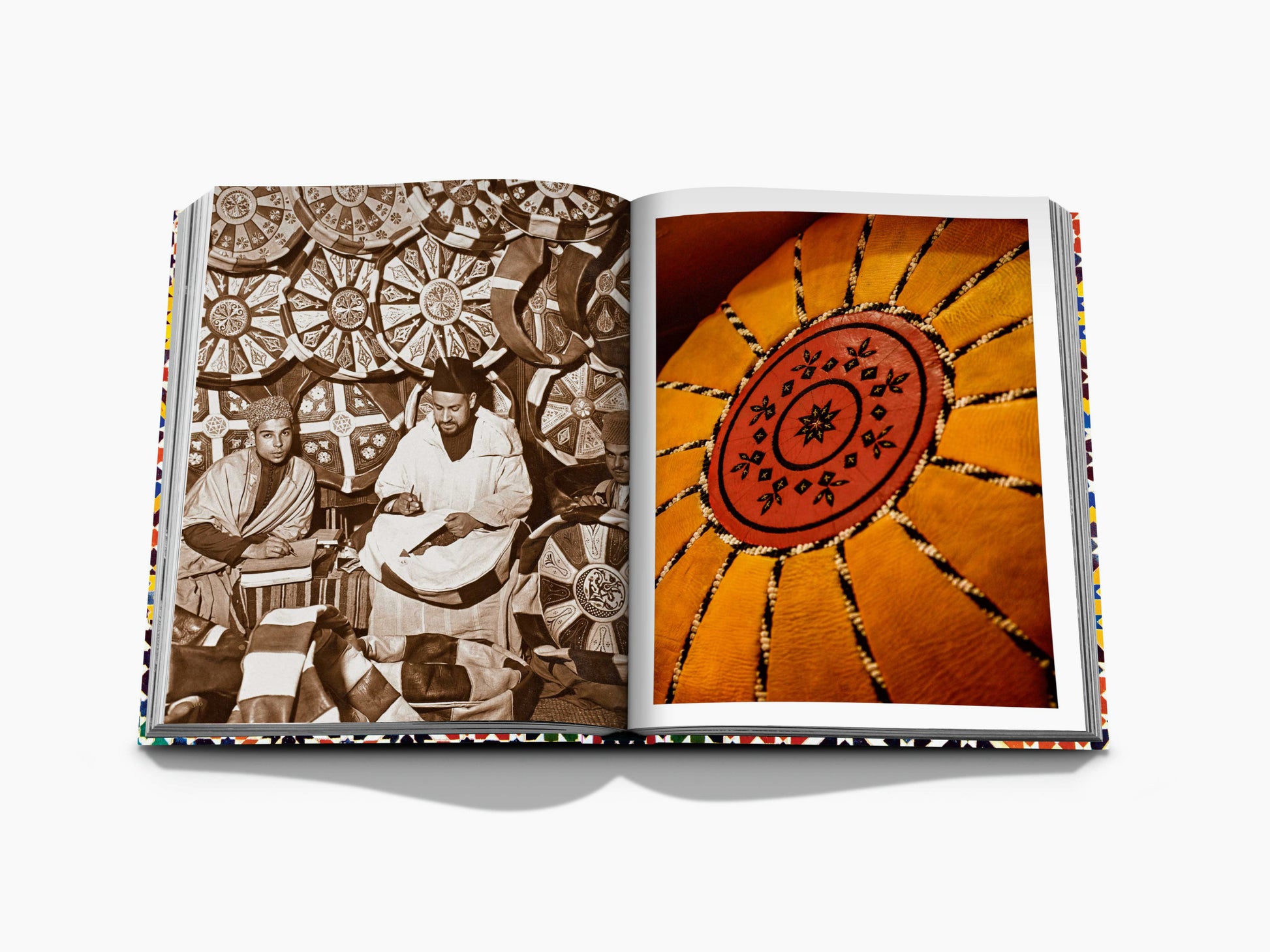 Open spread showing circular patterned artifacts on the left and a bright orange textile with a red central motif on the right.