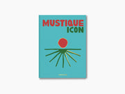 Mustique Icon book cover turquoise with bold red MUSTIQUE and green ICON and a stylized sunburst graphic