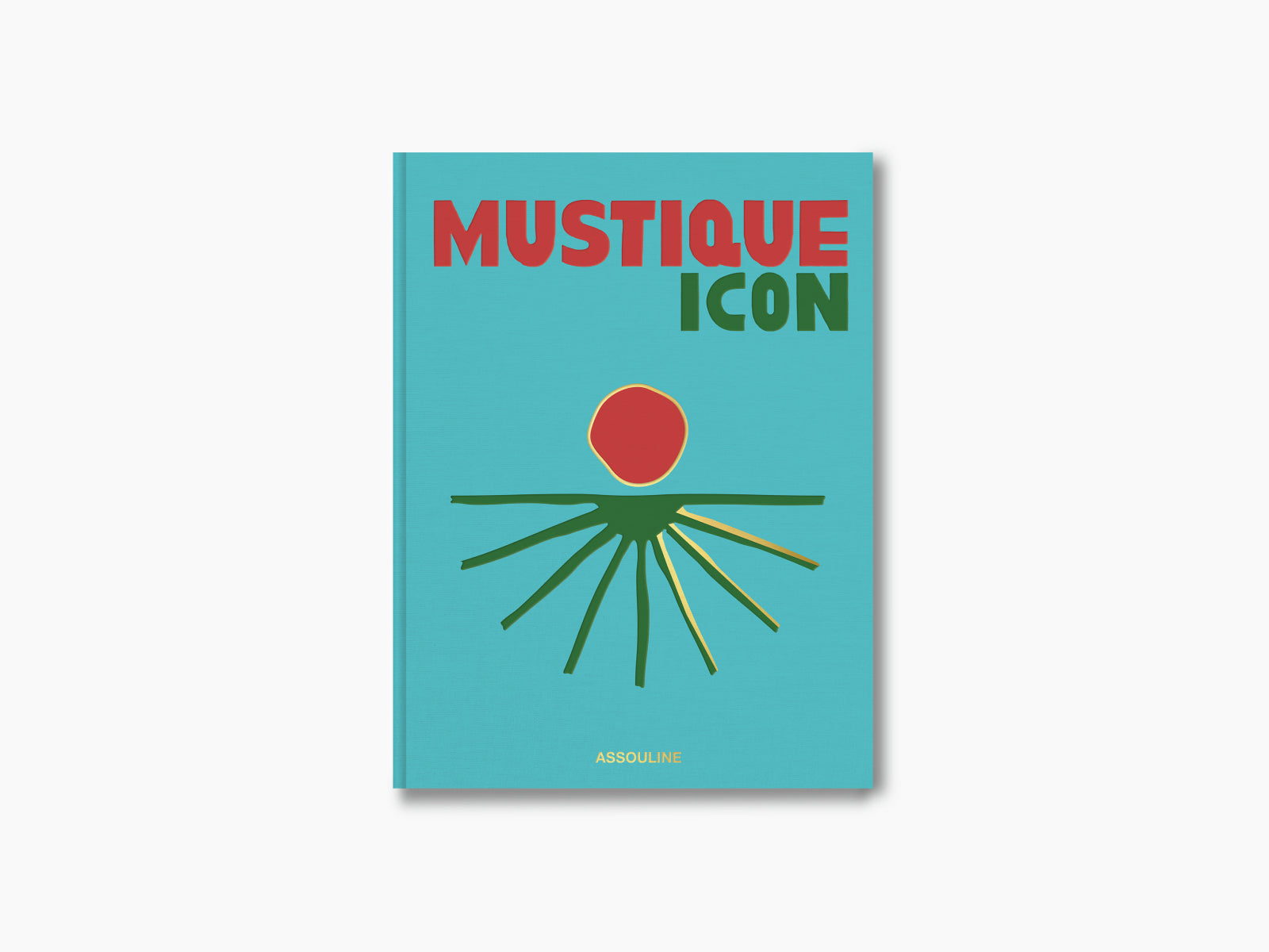 Mustique Icon book cover turquoise with bold red MUSTIQUE and green ICON and a stylized sunburst graphic