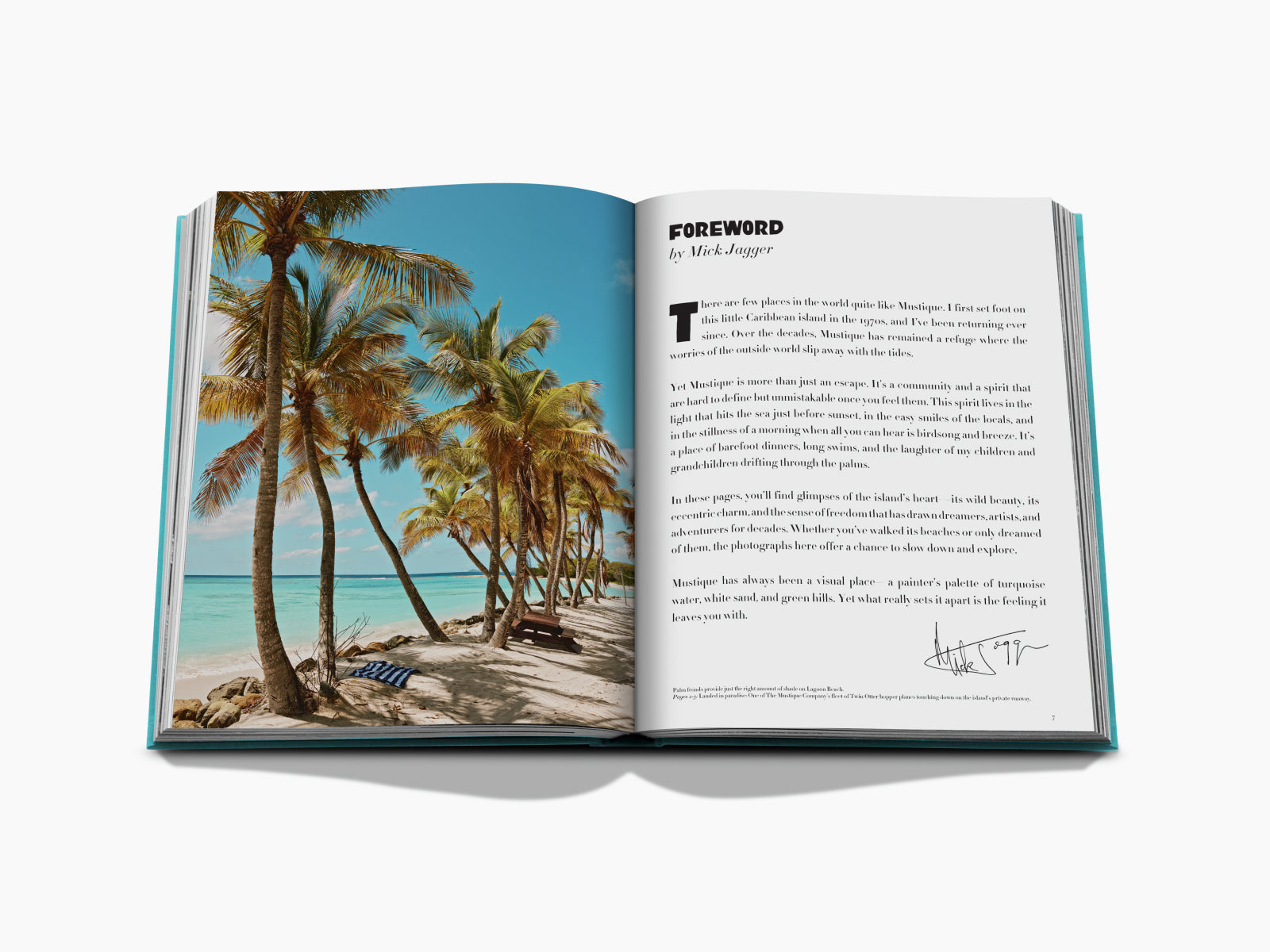 Open Mustique Icon book shows a tropical beach scene with palm trees on the left and Foreword text on the right.