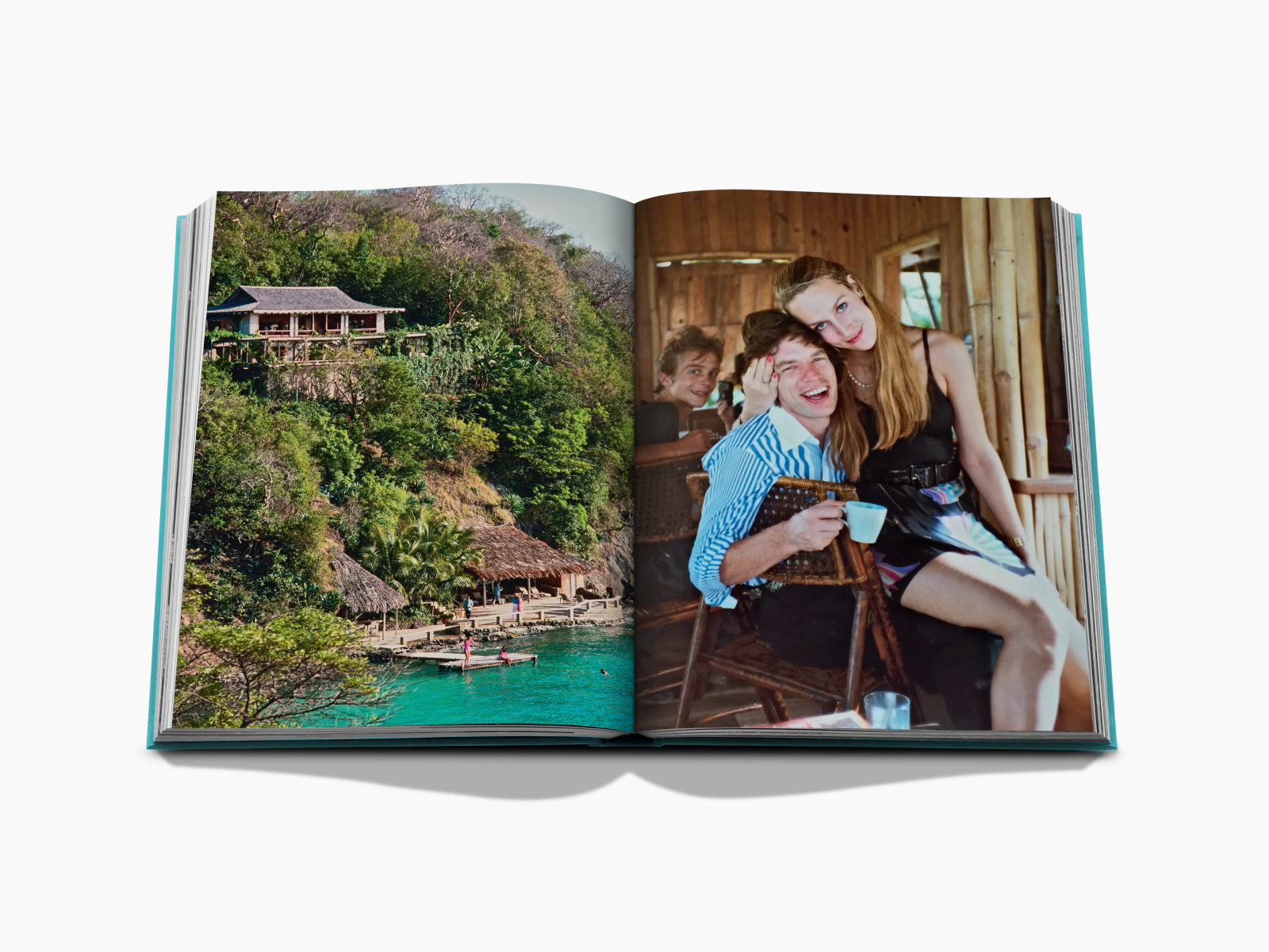Left page depicts a hillside villa nestled among trees; right page shows a group of friends posing inside a bamboo style cabin with a man holding a coffee cup