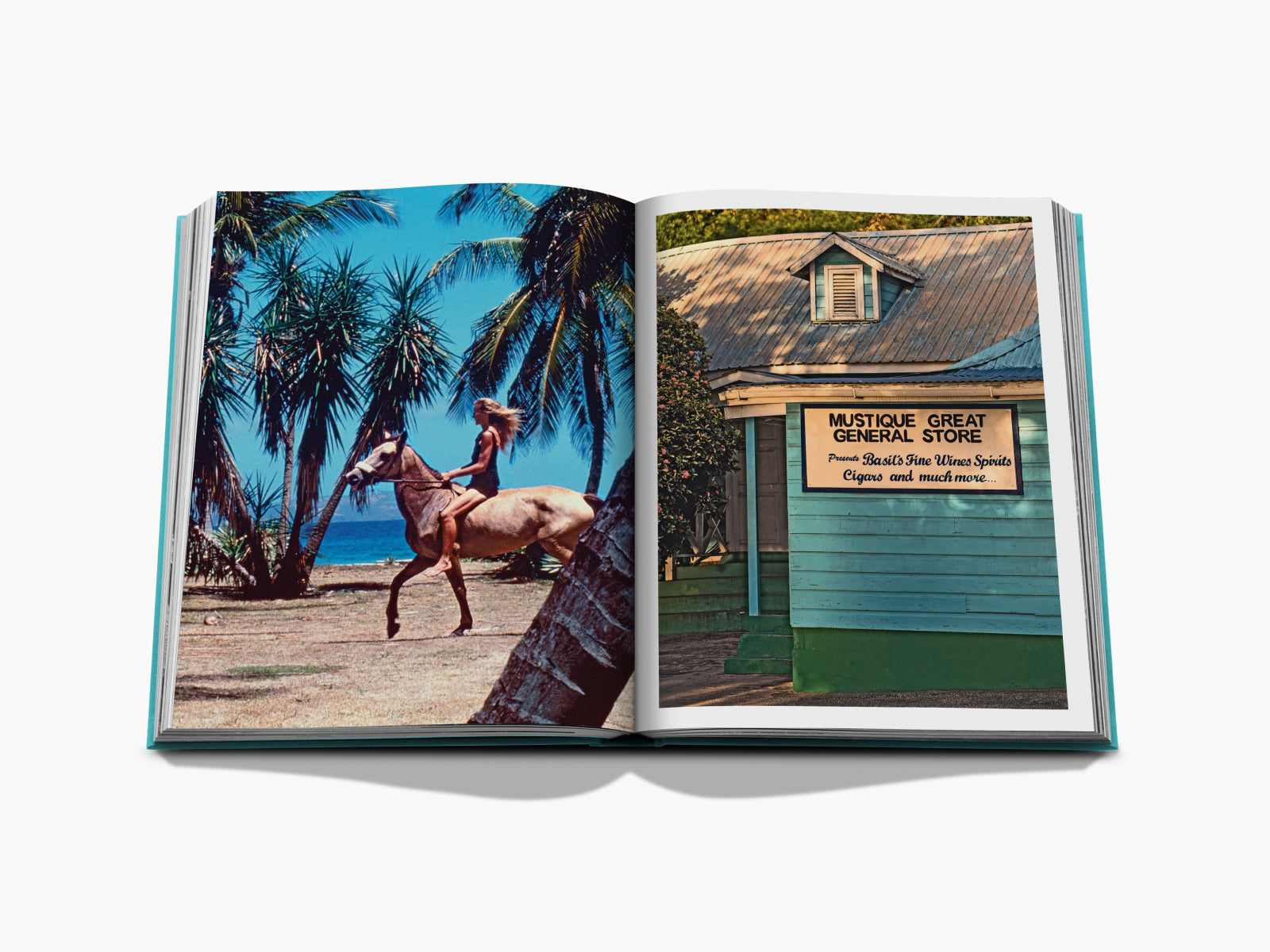 Left page shows a palm lined beach with a rider on horseback; right page features a turquoise wooden storefront with a Mustique Great General Store sign