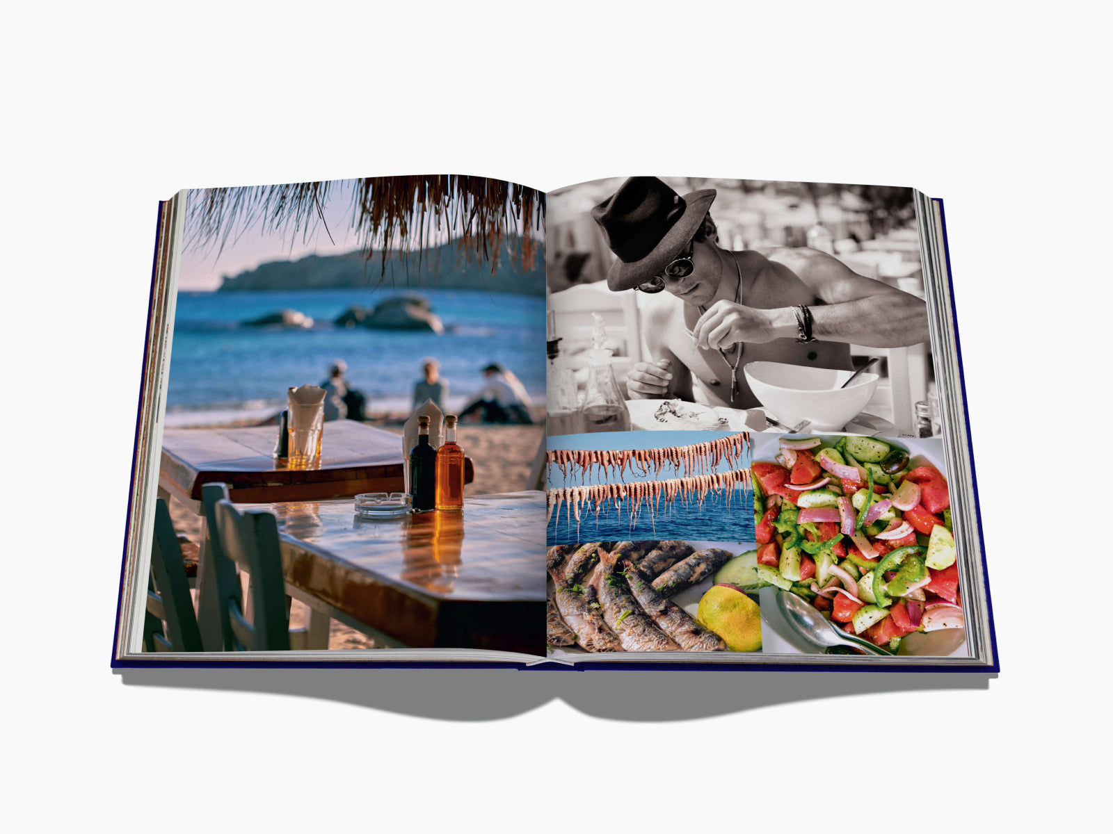Open spread from Mykonos Muse showing a beachside cafe on the left, a man in a hat dining on the right, and a salad and grilled fish collage on the bottom right.