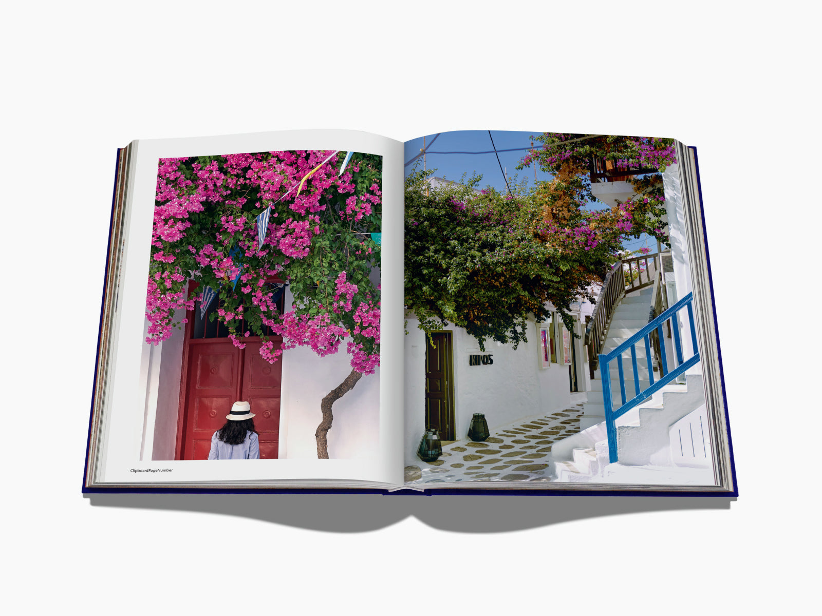 Open travel book spread showing Mykonos streets with pink bougainvillea, white walls, red door, and blue staircase.