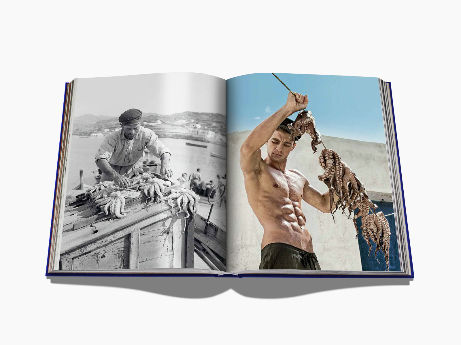 Two page spread with a fisherman handling octopuses on a boat on the left and a muscular man holding an octopus on the right