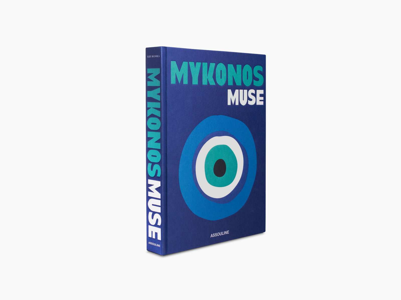 Angled view of the Mykonos Muse book showing its blue cover and visible spine.