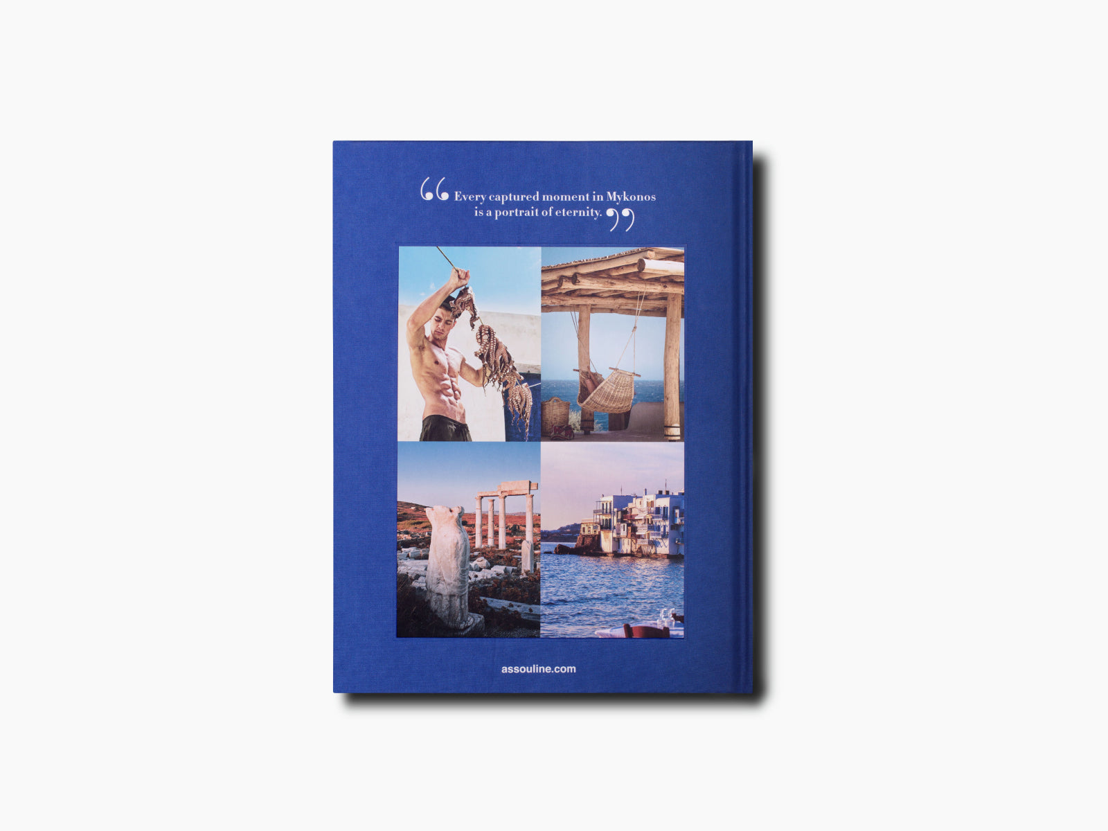 Blue cover featuring a four photo collage and a quote about Mykonos muse travel book.