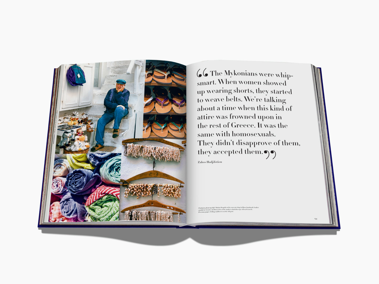 Open book spread from Mykonos Muse showing a left collage of clothing and accessories with a man seated on stairs, right page a quote.
