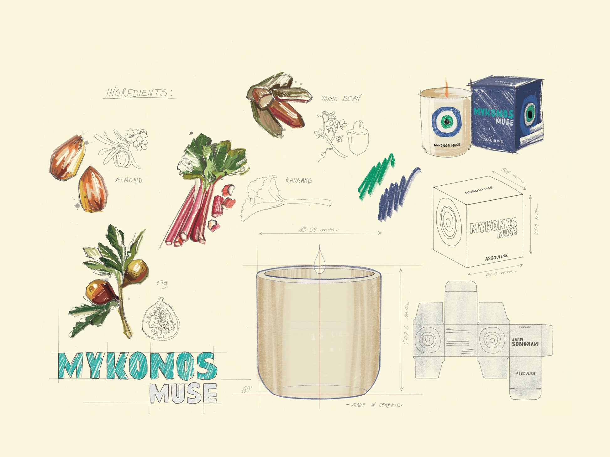 Hand drawn ingredients and packaging concept for Mykonos Muse candle on pale yellow backdrop