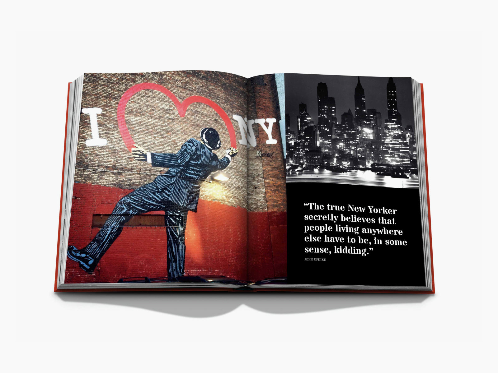 Open book spread showing an I heart NY mural and a suited man on the left, and a nighttime skyline with a quote on the right.